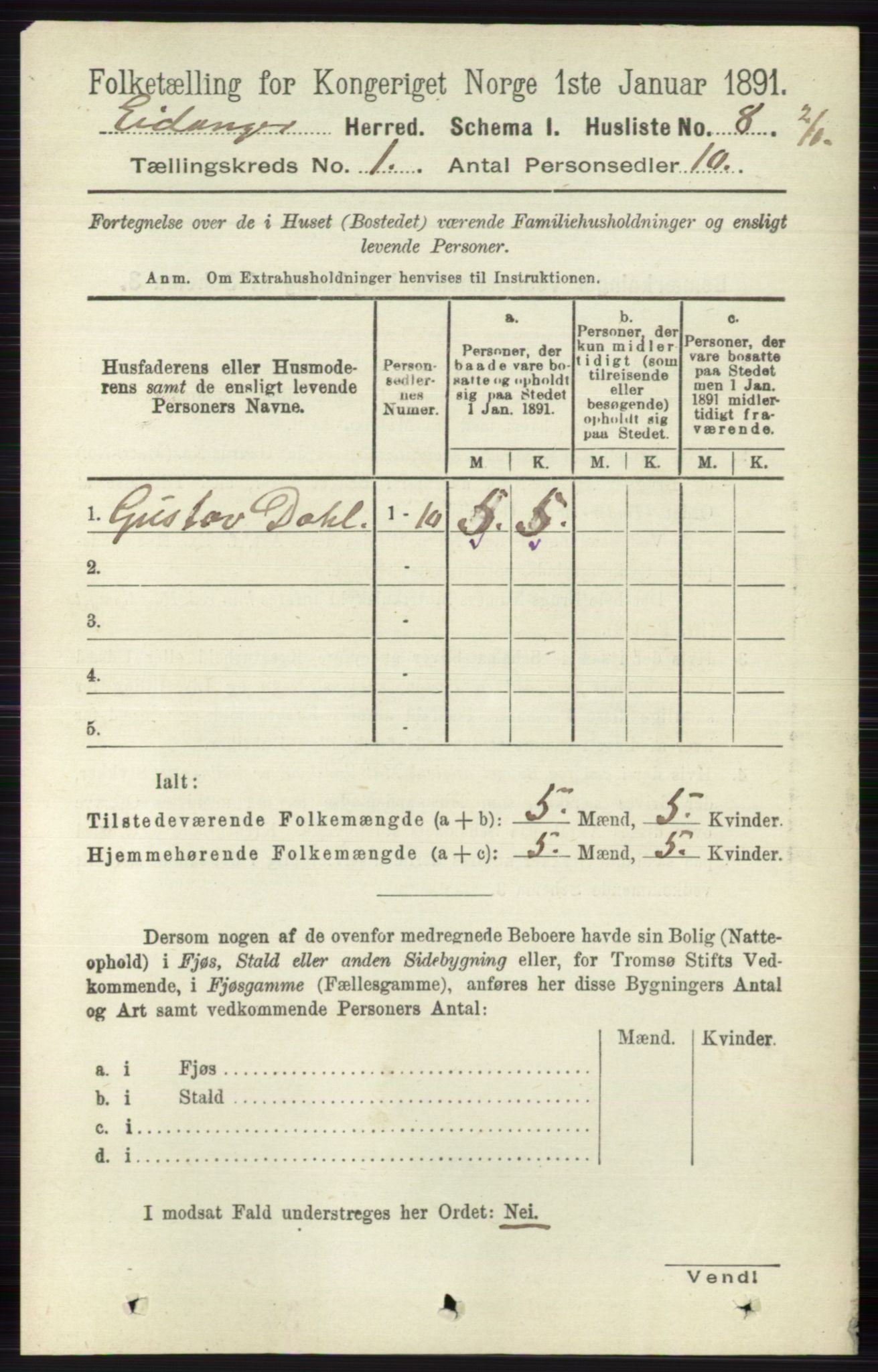 RA, 1891 census for 0813 Eidanger, 1891, p. 39