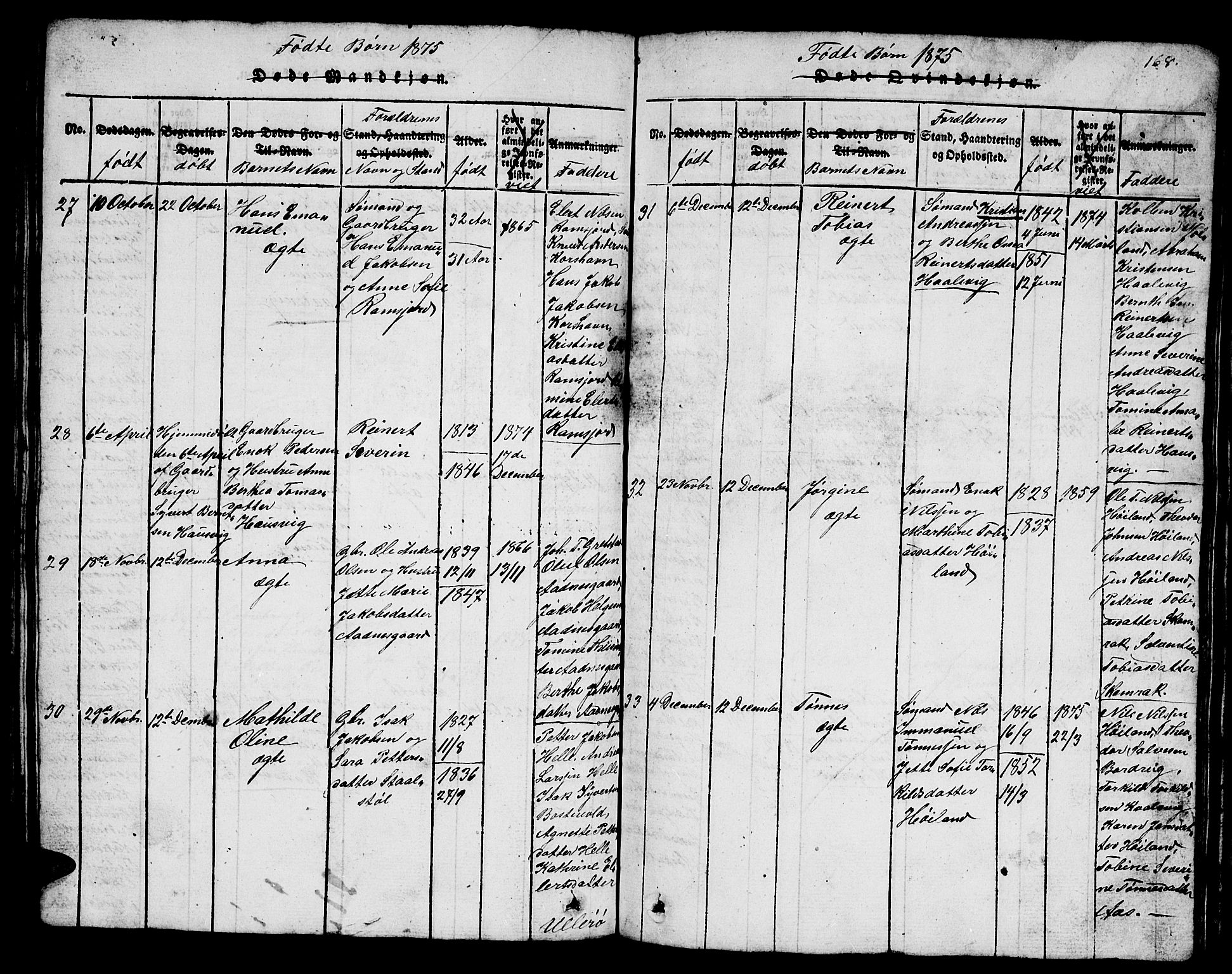 Lyngdal sokneprestkontor, AV/SAK-1111-0029/F/Fb/Fba/L0001: Parish register (copy) no. B 1, 1816-1876, p. 168