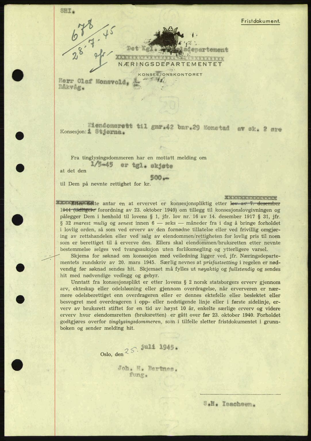 Fosen sorenskriveri, AV/SAT-A-1107/1/2/2C: Mortgage book no. B1, 1943-1945, Diary no: : 678/1945