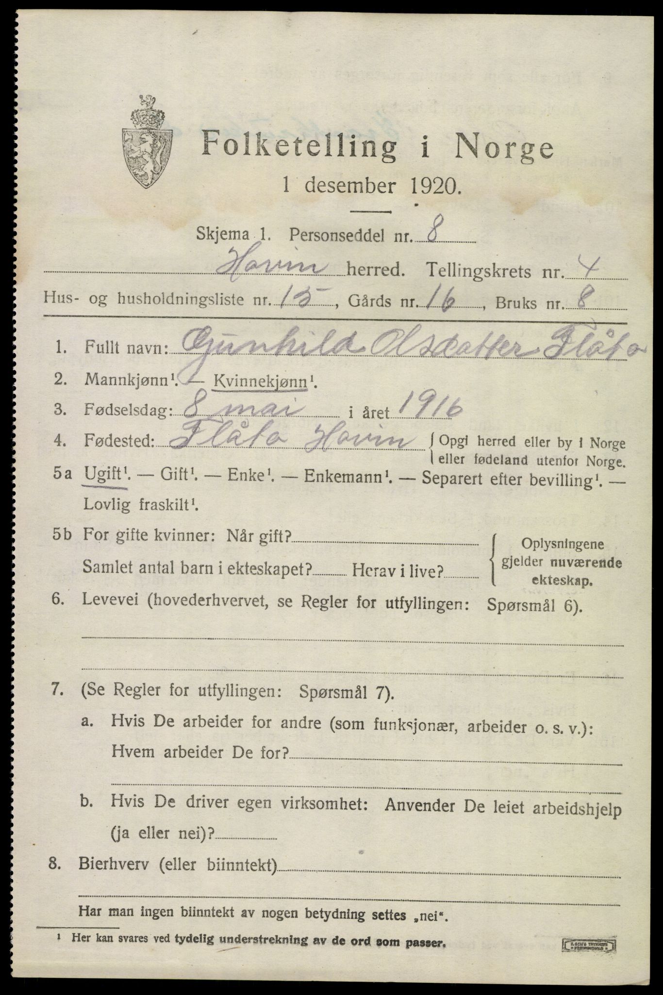 SAKO, 1920 census for Hovin, 1920, p. 1287