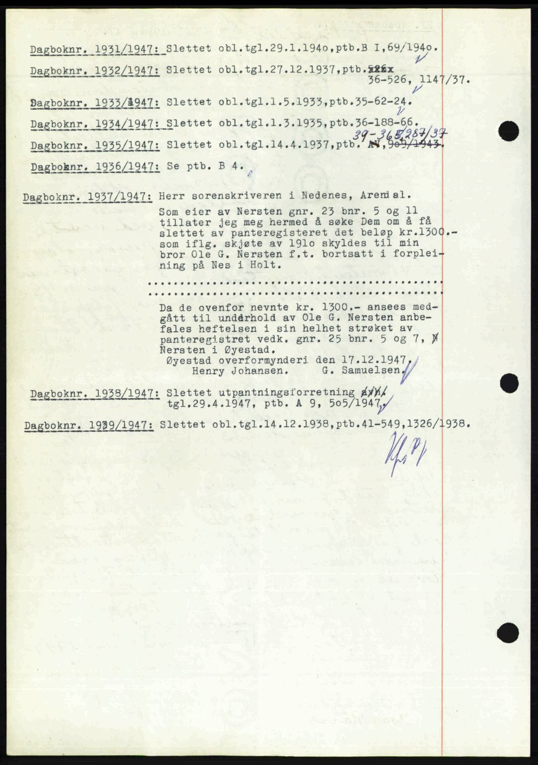 Nedenes sorenskriveri, SAK/1221-0006/G/Gb/Gba/L0058: Mortgage book no. A10, 1947-1948, Diary no: : 1931/1947