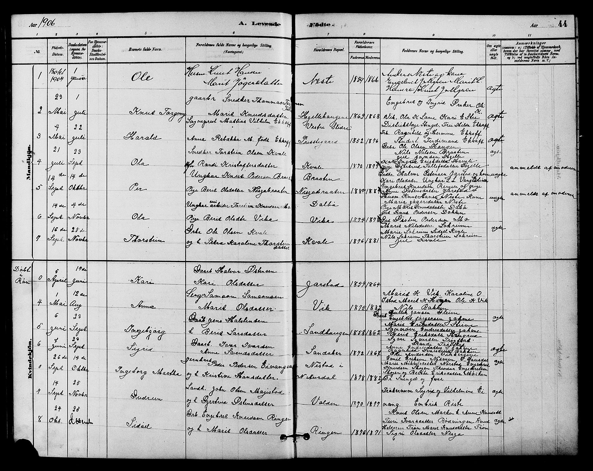 Vestre Slidre prestekontor, SAH/PREST-136/H/Ha/Hab/L0004: Parish register (copy) no. 4, 1881-1912, p. 44
