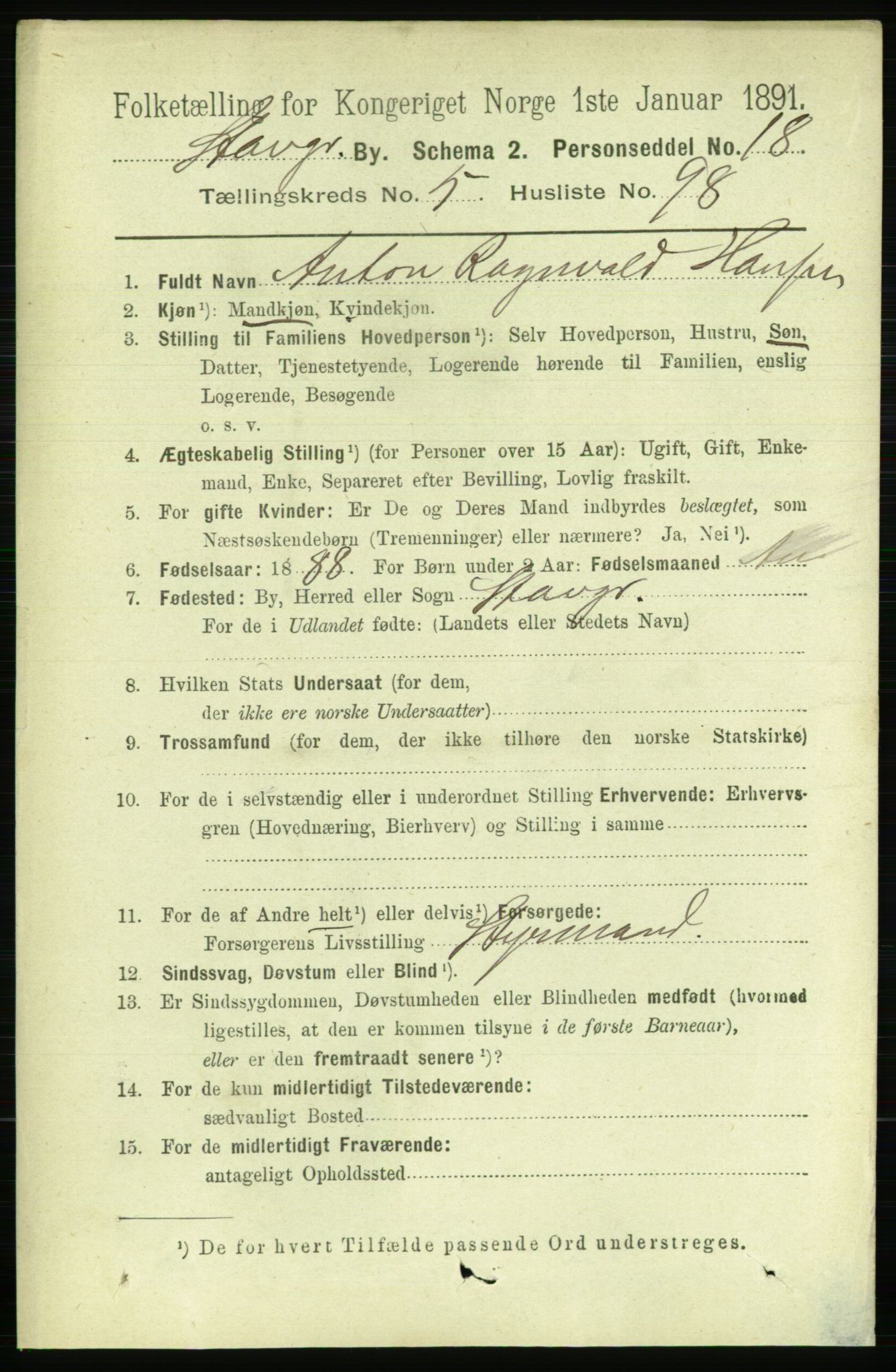 RA, 1891 census for 1103 Stavanger, 1891, p. 9970