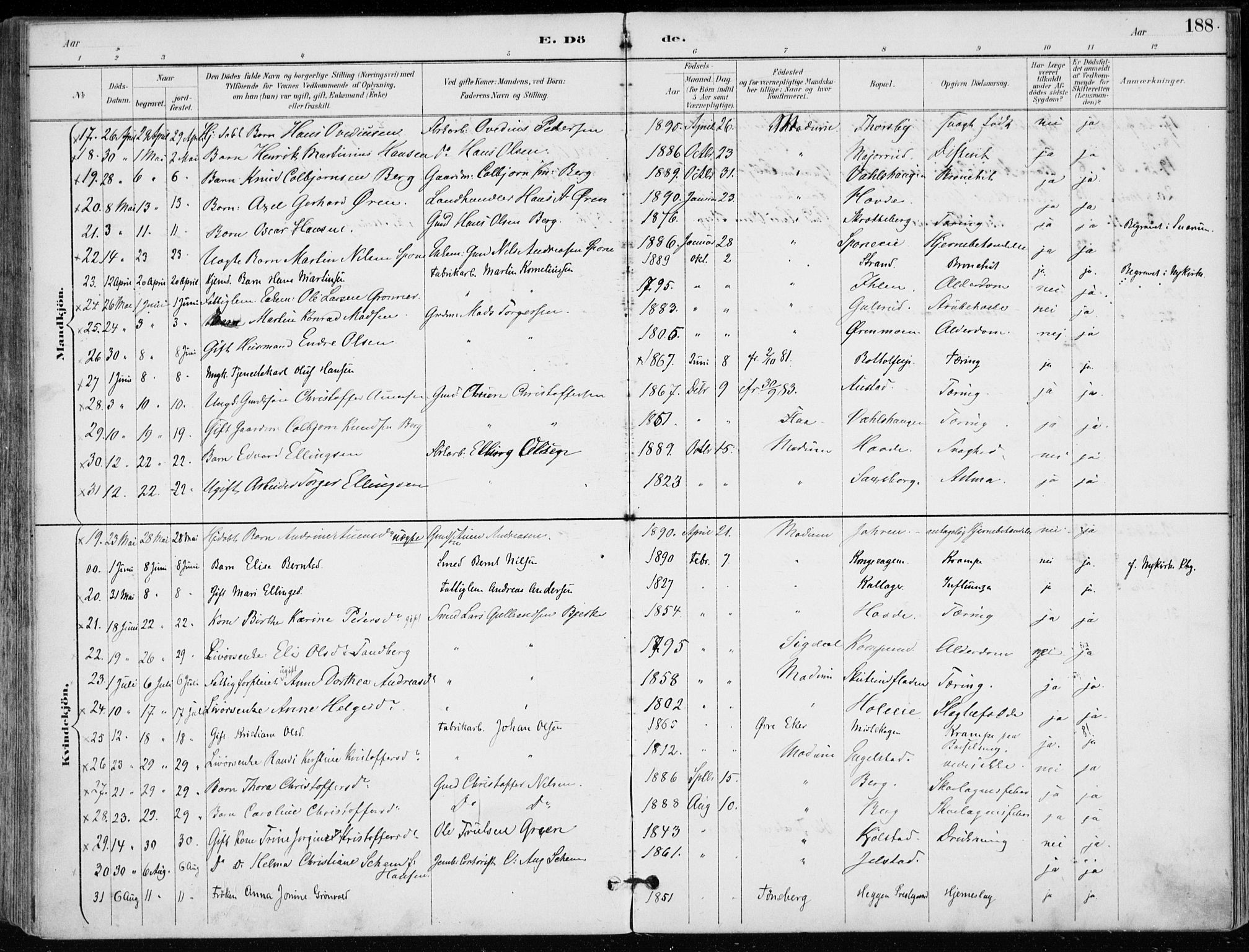 Modum kirkebøker, AV/SAKO-A-234/F/Fa/L0012: Parish register (official) no. 12, 1890-1898, p. 188