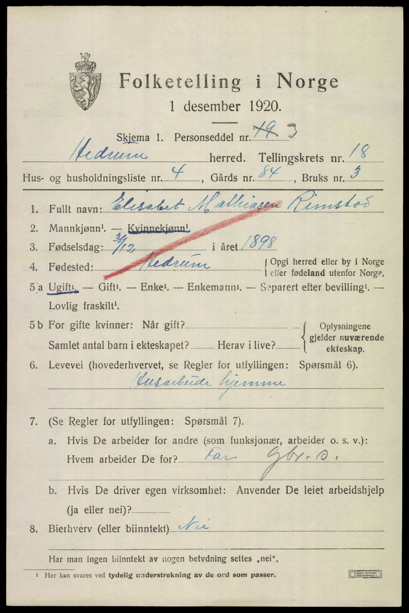 SAKO, 1920 census for Hedrum, 1920, p. 10833