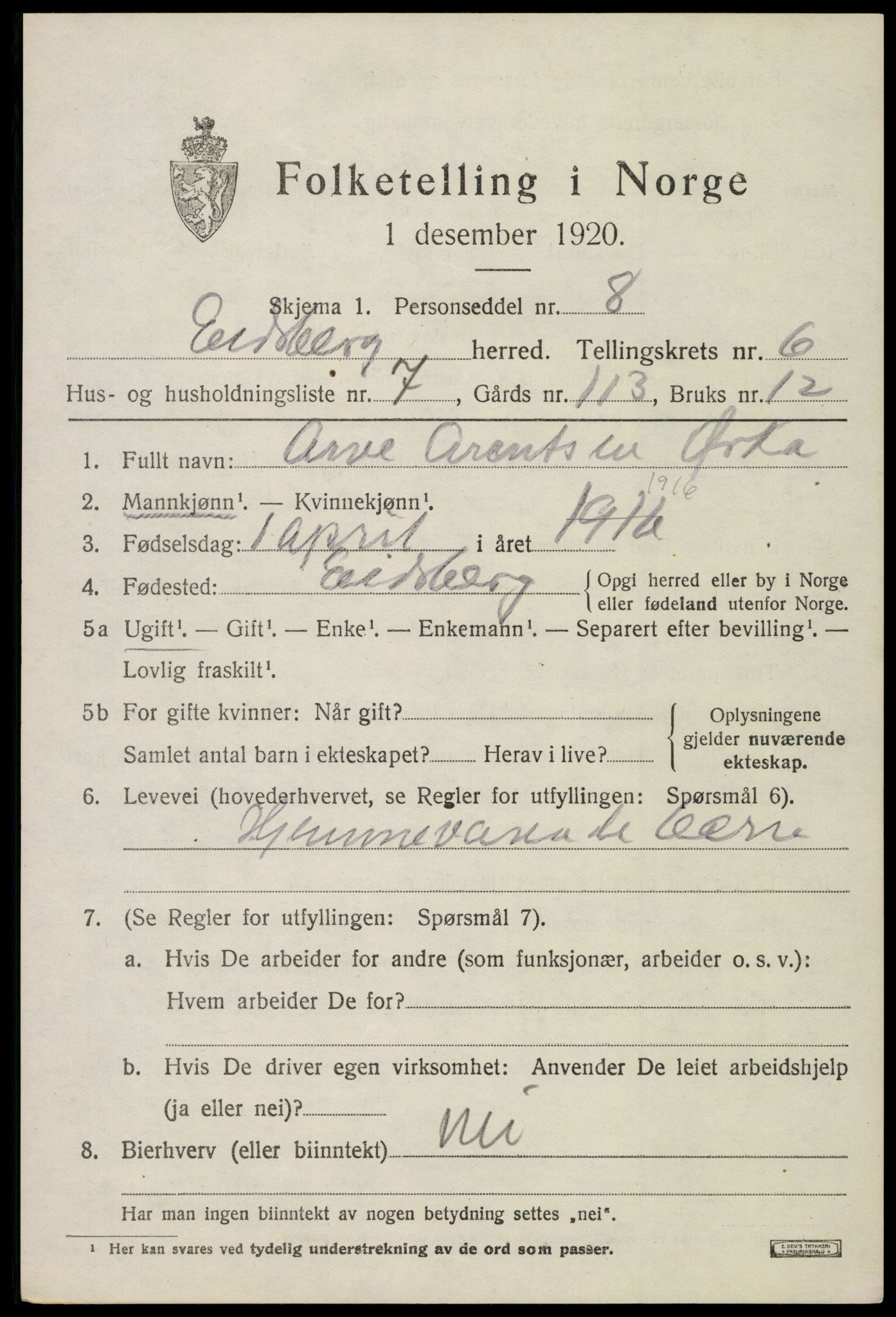 SAO, 1920 census for Eidsberg, 1920, p. 7551
