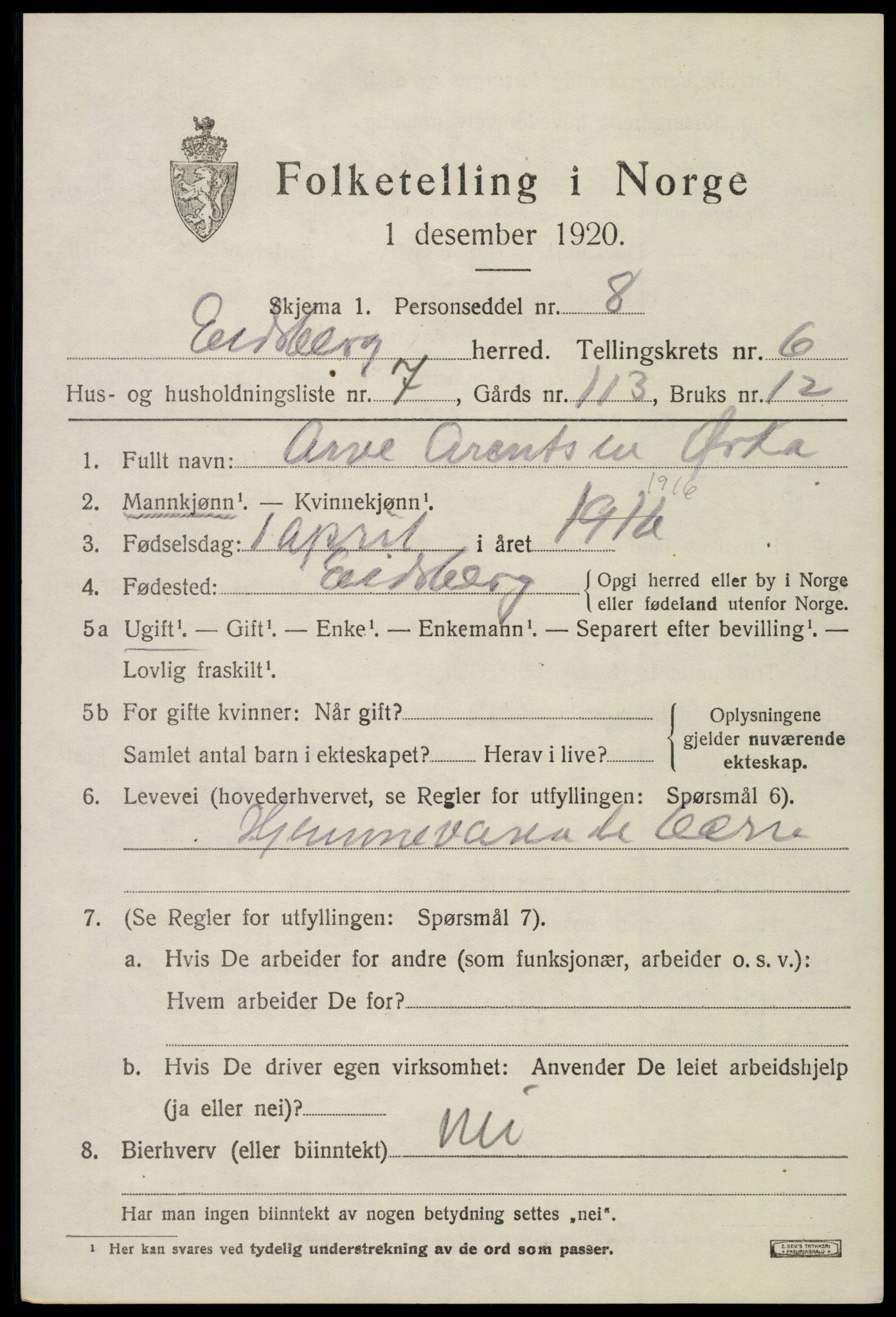 SAO, 1920 census for Eidsberg, 1920, p. 7551