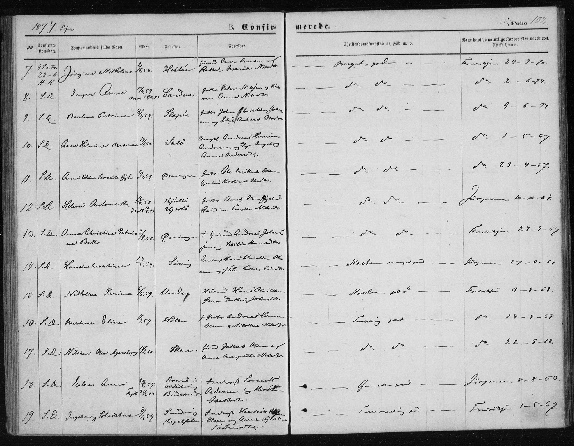 Ministerialprotokoller, klokkerbøker og fødselsregistre - Nordland, AV/SAT-A-1459/834/L0506: Parish register (official) no. 834A04, 1872-1878, p. 102