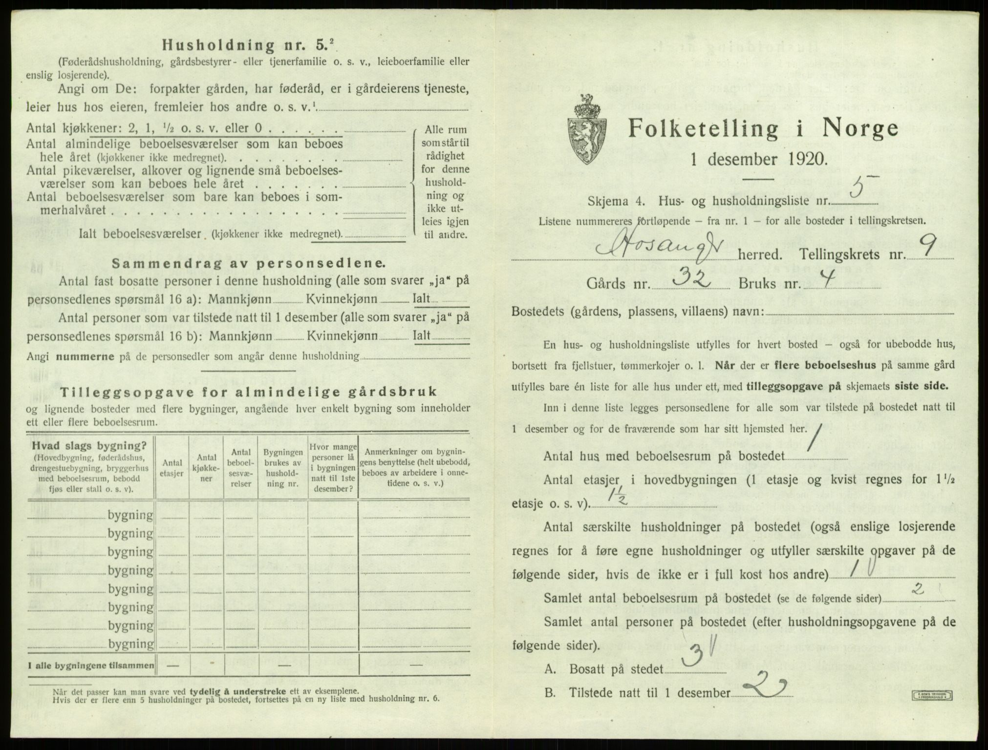 SAB, 1920 census for Hosanger, 1920, p. 497