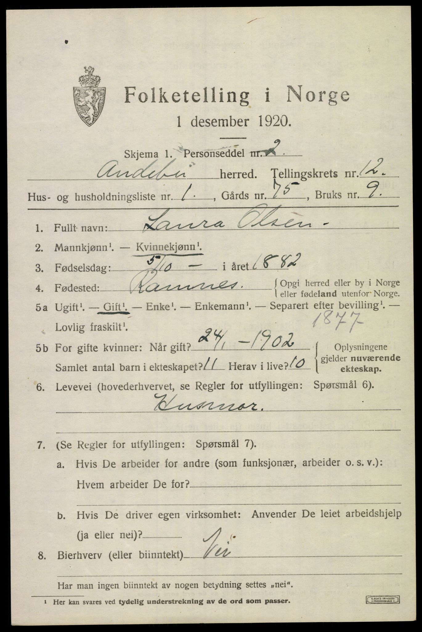 SAKO, 1920 census for Andebu, 1920, p. 4474