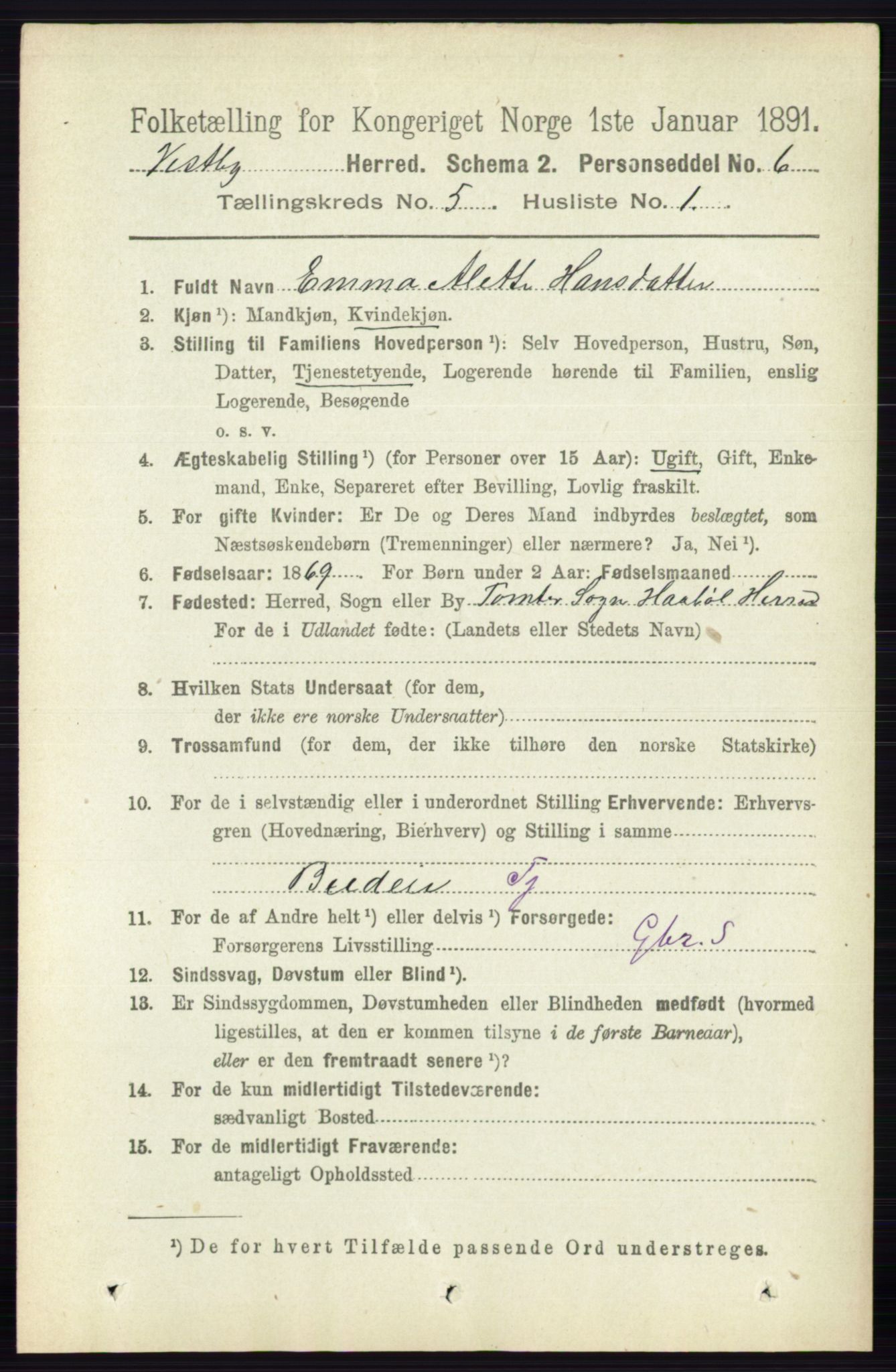 RA, 1891 census for 0211 Vestby, 1891, p. 2178