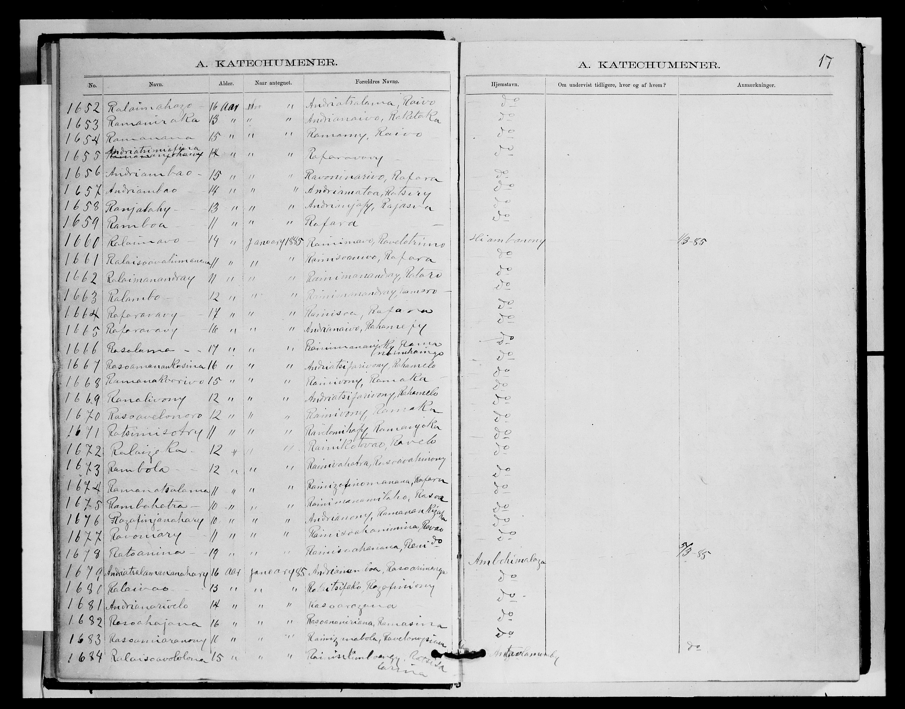 Archives FLM/NMS, Madagaskar, VID/MA-A-1163/D/Db/L0270: Parish register (official) no. 2, 1883-1886, p. 17