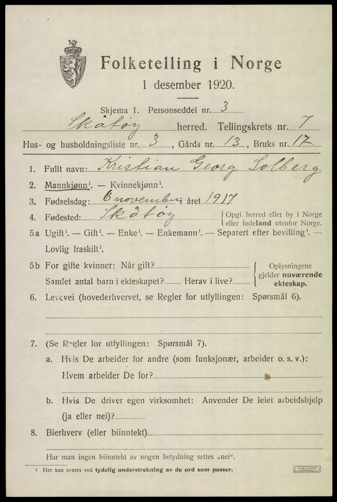 SAKO, 1920 census for Skåtøy, 1920, p. 5338