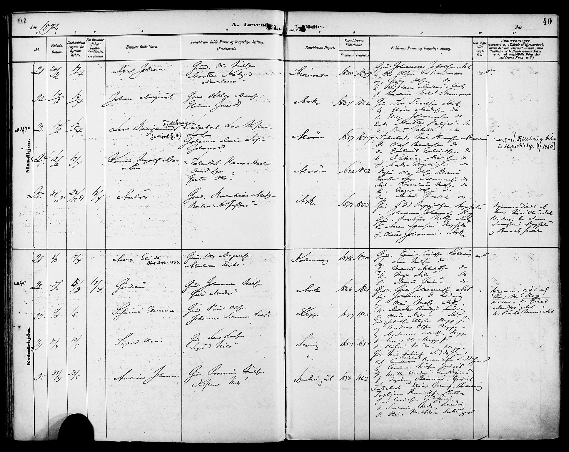 Askøy Sokneprestembete, AV/SAB-A-74101/H/Ha/Haa/Haab/L0002: Parish register (official) no. B 2, 1889-1902, p. 40