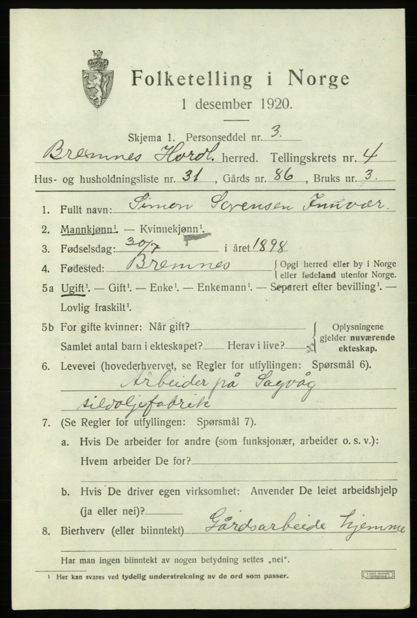 SAB, 1920 census for Bremnes, 1920, p. 2198