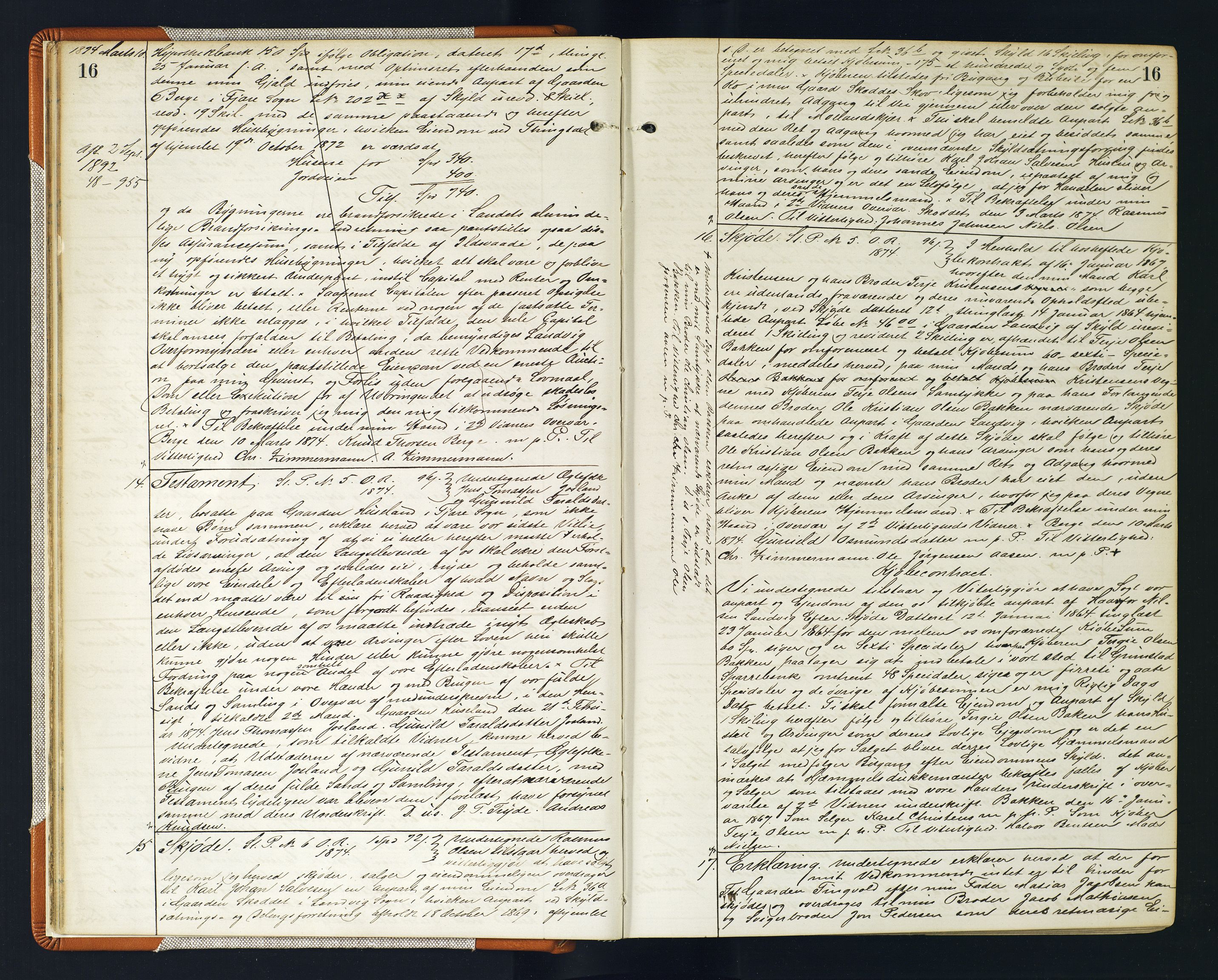 Vestre Nedenes/Sand sorenskriveri, AV/SAK-1221-0010/G/Gb/Gba/L0017: Mortgage book no. 43, 1874-1878, p. 16