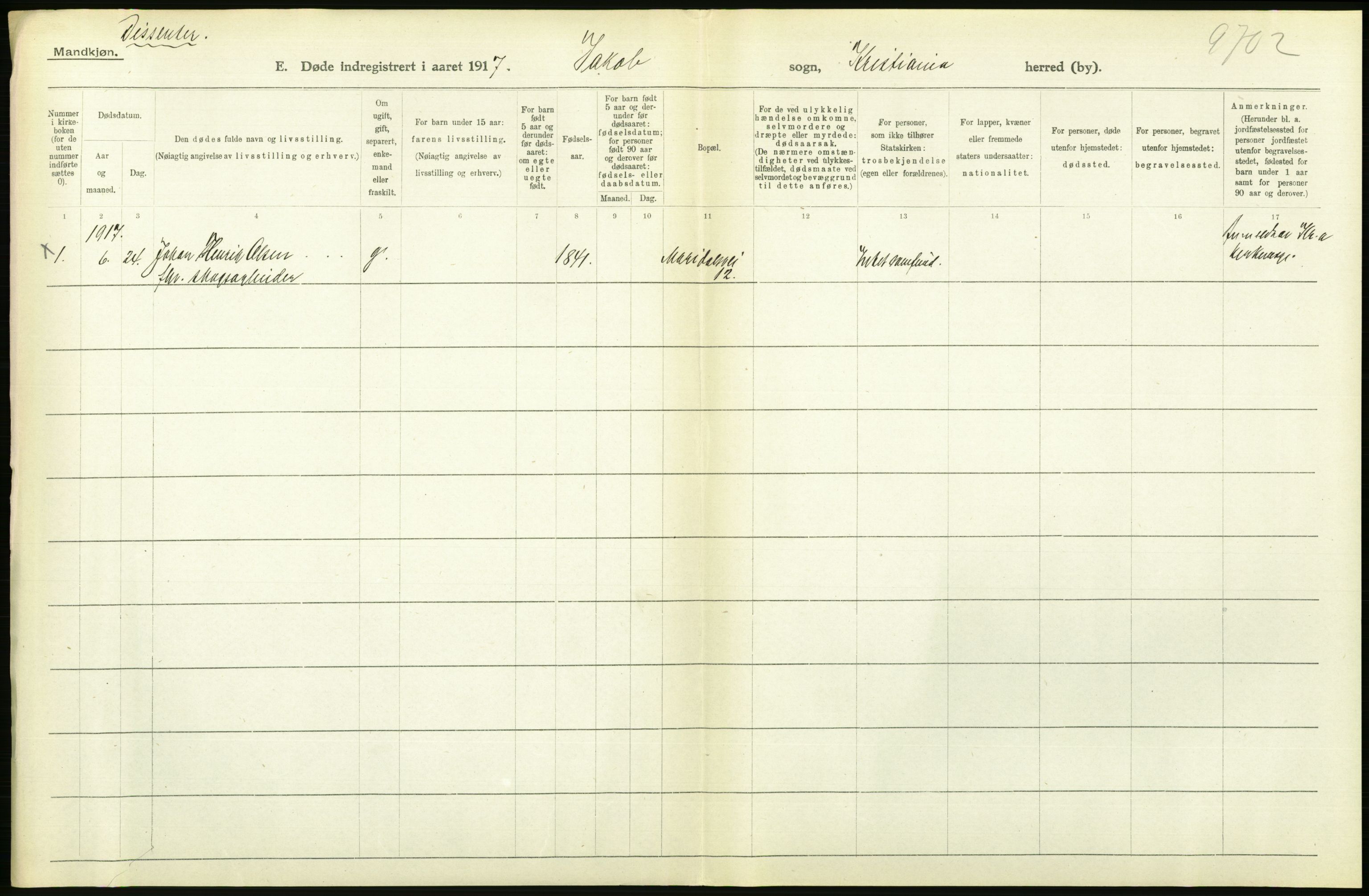 Statistisk sentralbyrå, Sosiodemografiske emner, Befolkning, AV/RA-S-2228/D/Df/Dfb/Dfbg/L0011: Kristiania: Døde, dødfødte., 1917, p. 464