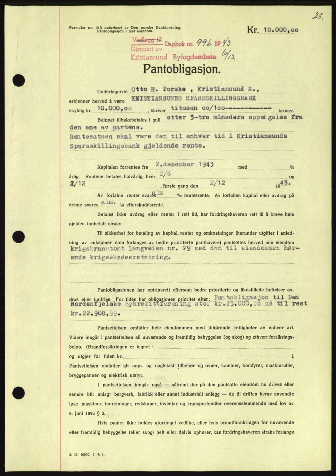Kristiansund byfogd, SAT/A-4587/A/27: Mortgage book no. 37-38, 1943-1945, Diary no: : 996/1943
