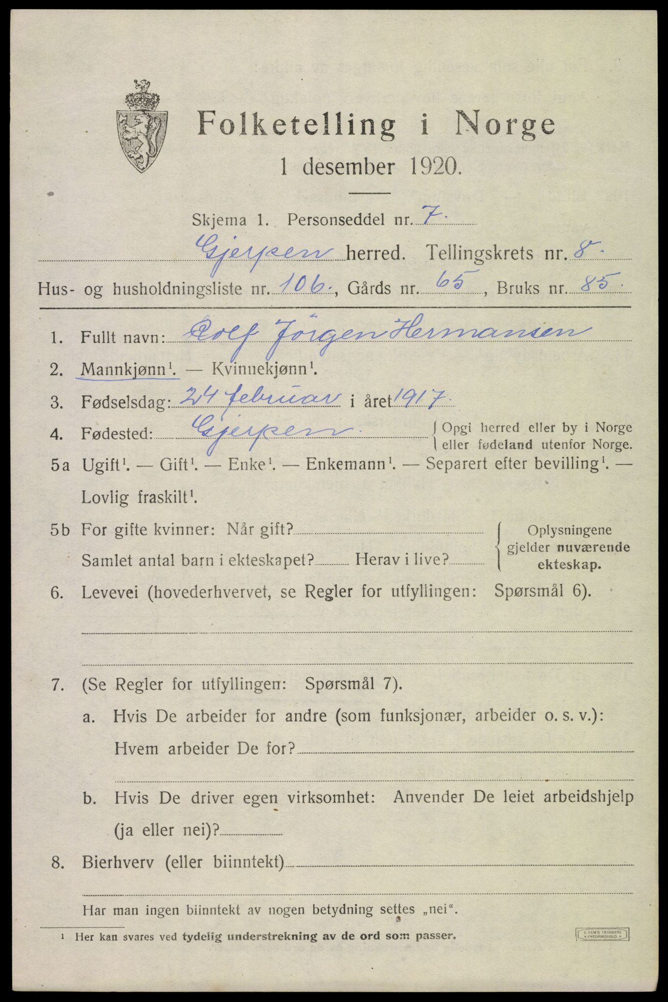 SAKO, 1920 census for Gjerpen, 1920, p. 10764