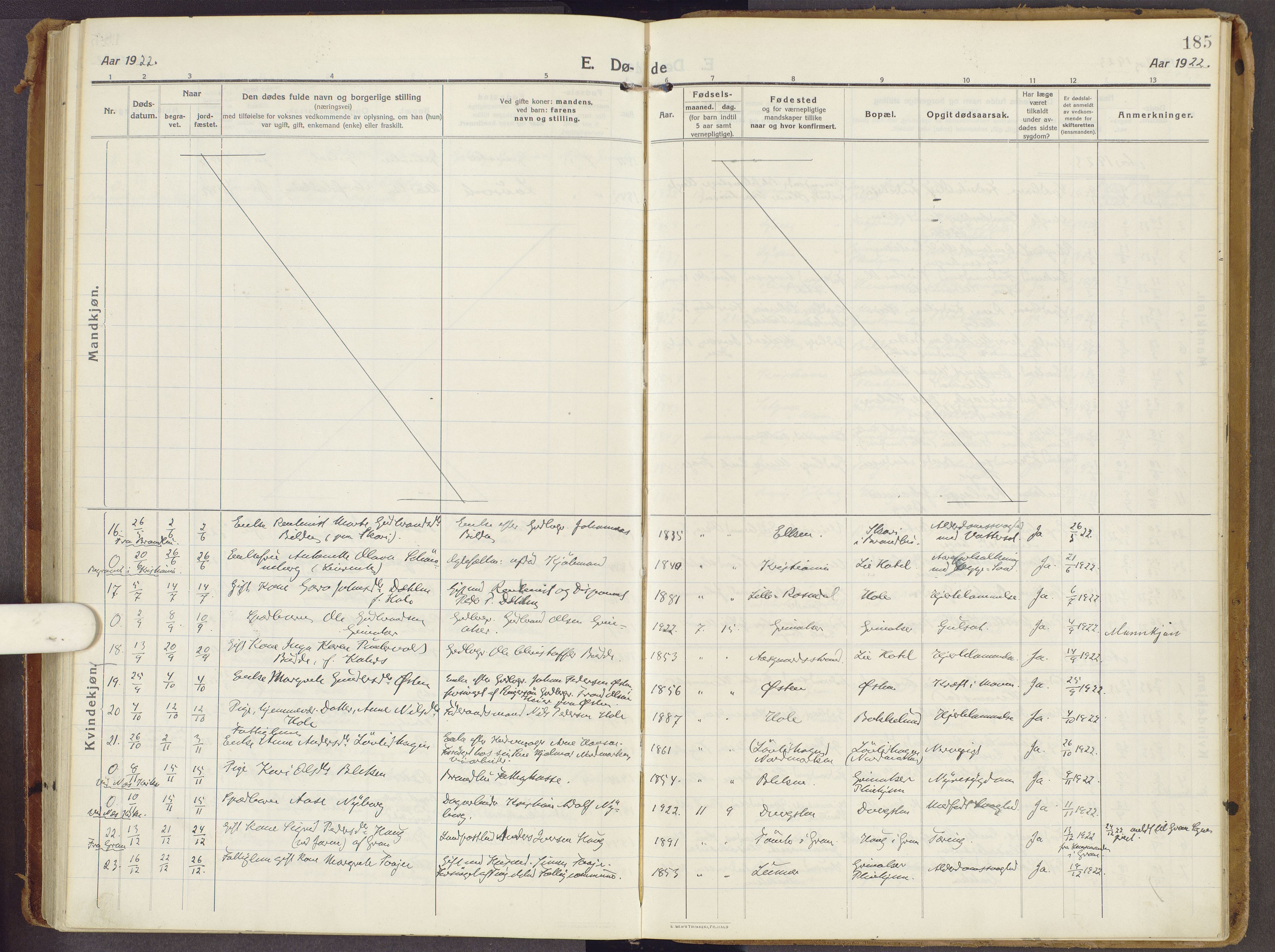 Brandbu prestekontor, AV/SAH-PREST-114/H/Ha/Haa/L0003: Parish register (official) no. 3, 1914-1928, p. 185