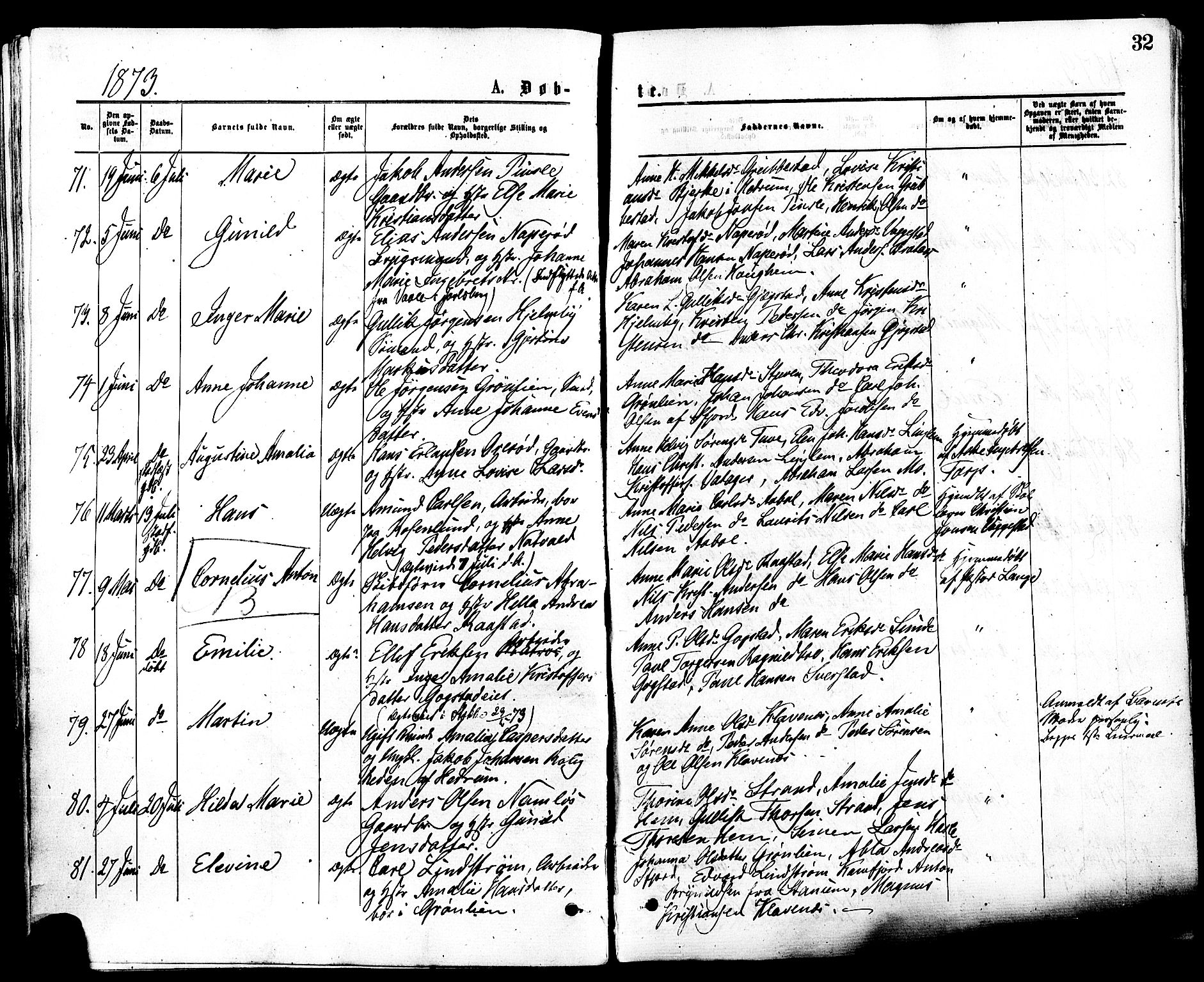 Sandar kirkebøker, SAKO/A-243/F/Fa/L0010: Parish register (official) no. 10, 1872-1882, p. 32