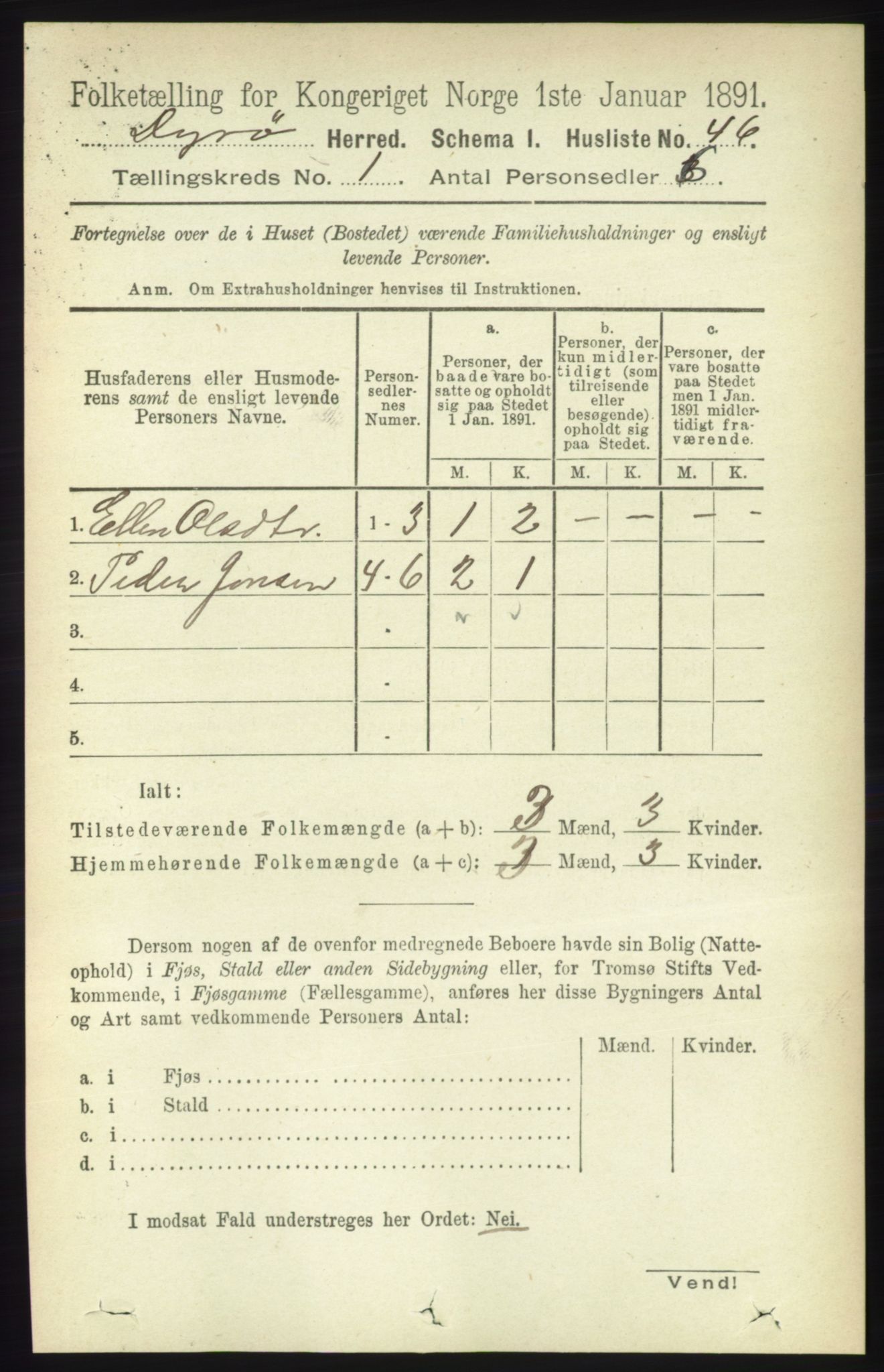 RA, 1891 census for 1926 Dyrøy, 1891, p. 61