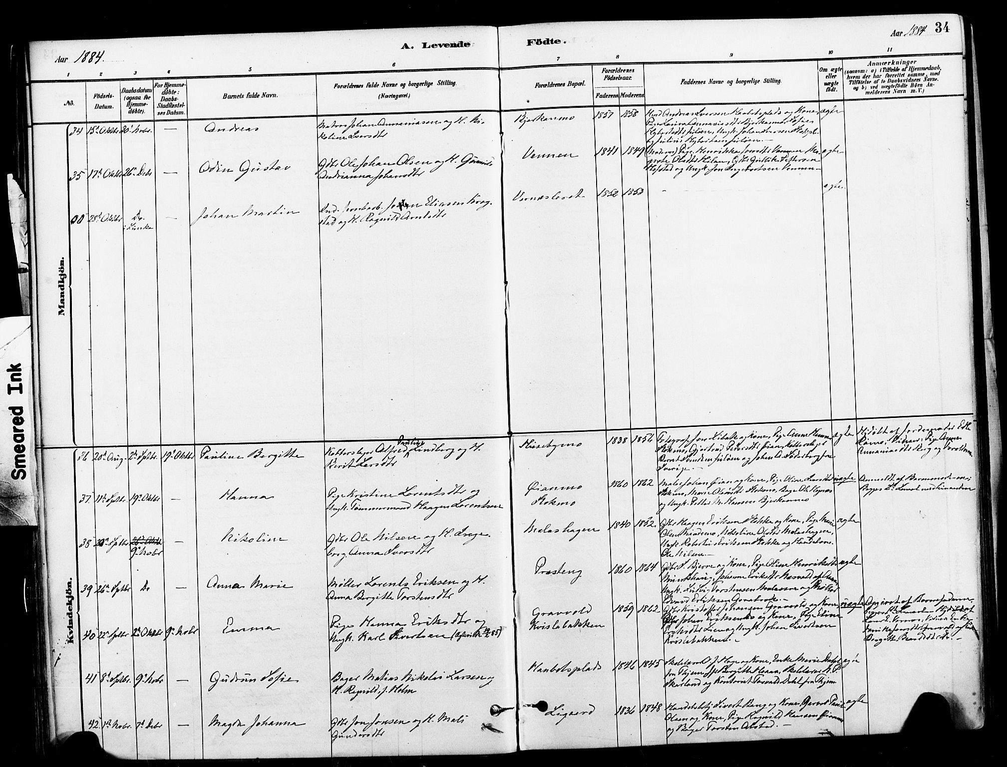 Ministerialprotokoller, klokkerbøker og fødselsregistre - Nord-Trøndelag, SAT/A-1458/709/L0077: Parish register (official) no. 709A17, 1880-1895, p. 34