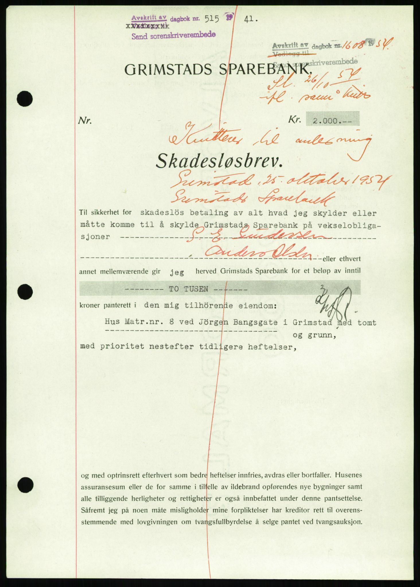 Vestre Nedenes/Sand sorenskriveri, AV/SAK-1221-0010/G/Gb/Gbb/L0002: Mortgage book no. B 2, 1939-1941, Diary no: : 515/1941