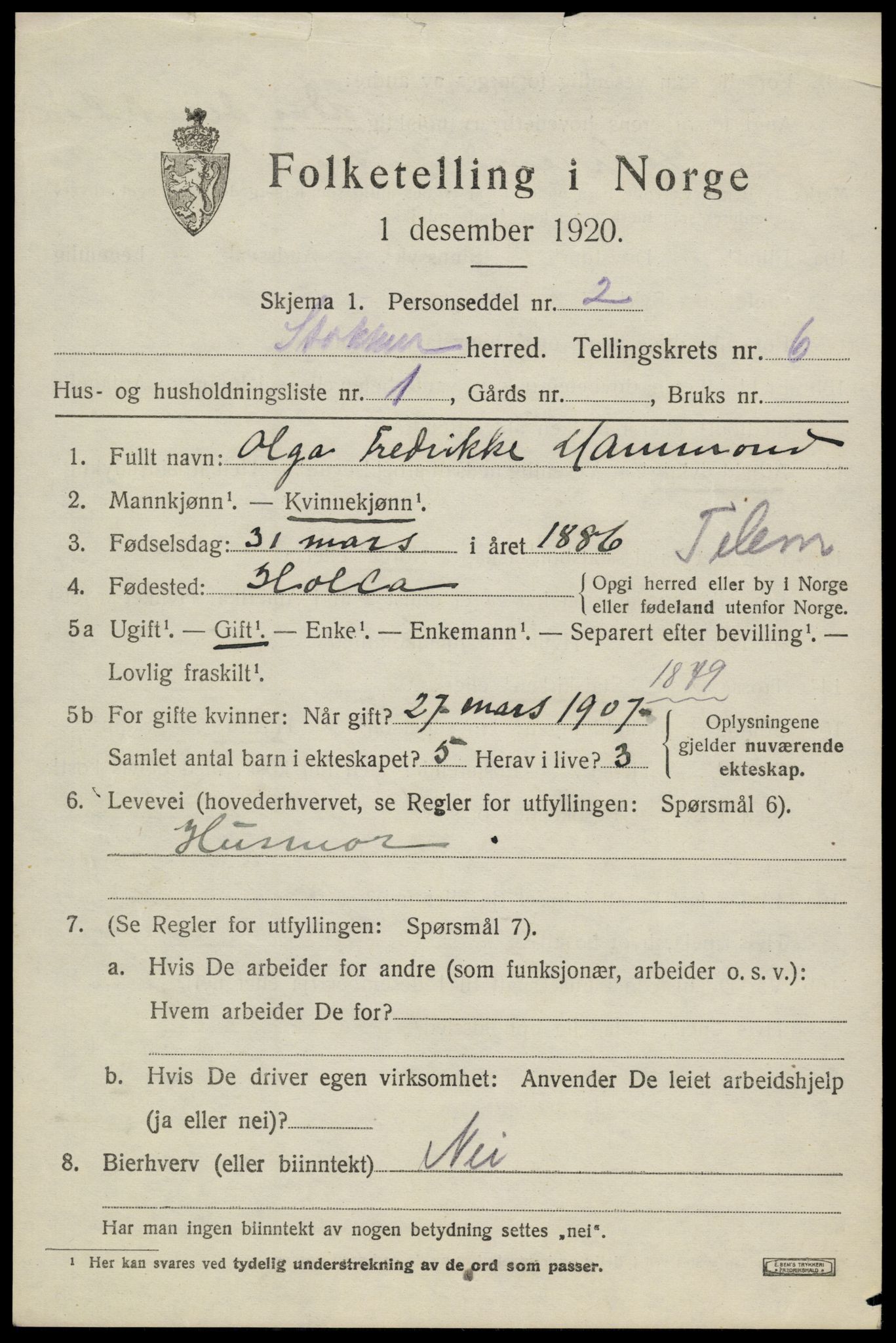 SAK, 1920 census for Stokken, 1920, p. 3714