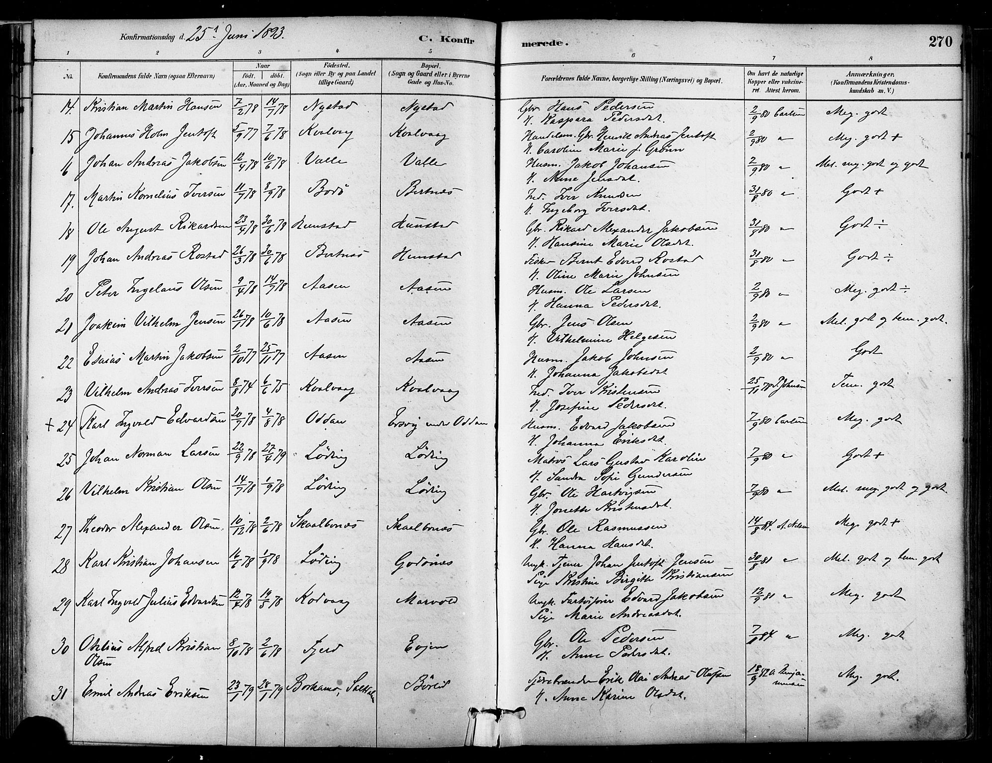 Ministerialprotokoller, klokkerbøker og fødselsregistre - Nordland, SAT/A-1459/802/L0054: Parish register (official) no. 802A01, 1879-1893, p. 270