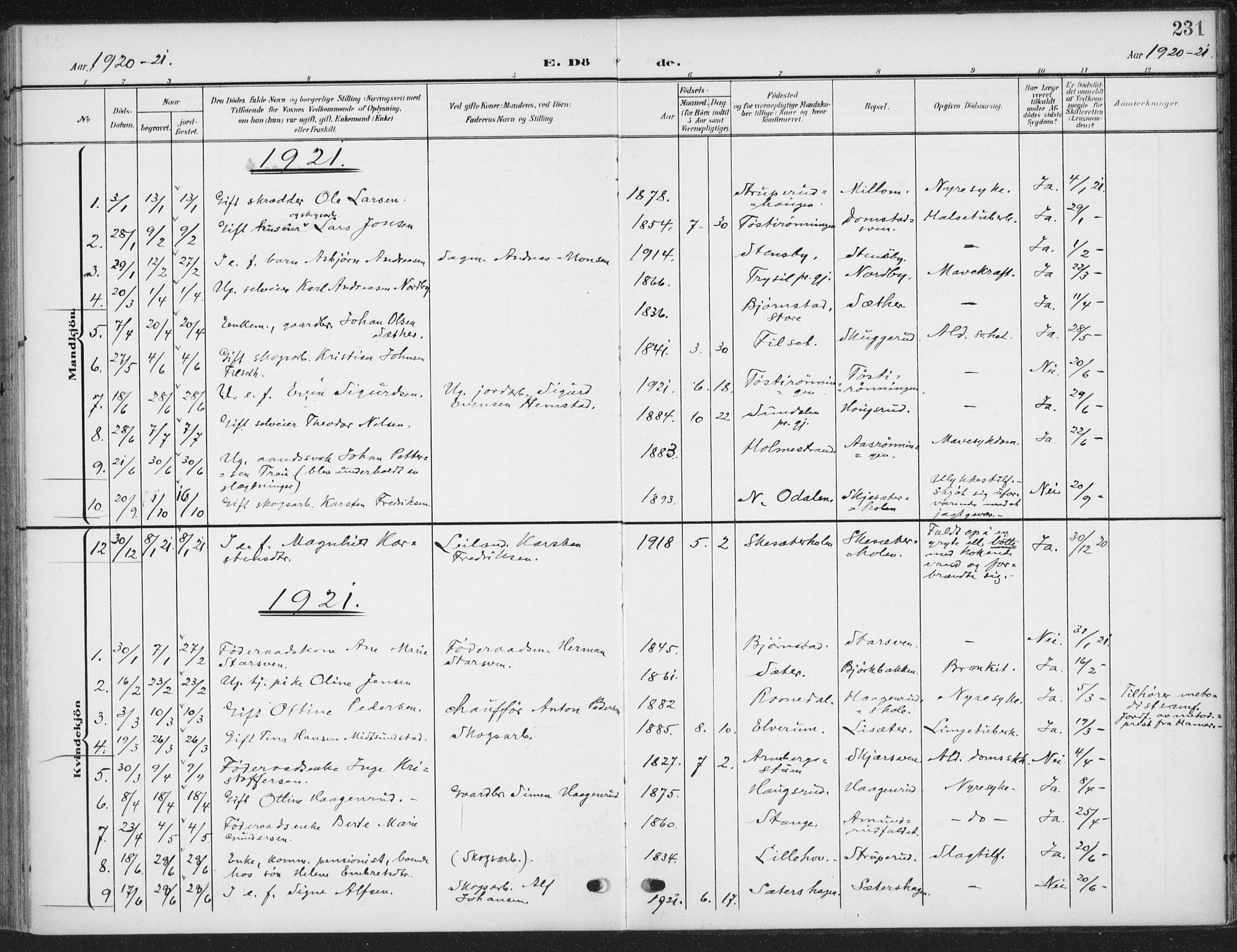 Romedal prestekontor, SAH/PREST-004/K/L0009: Parish register (official) no. 9, 1906-1929, p. 231