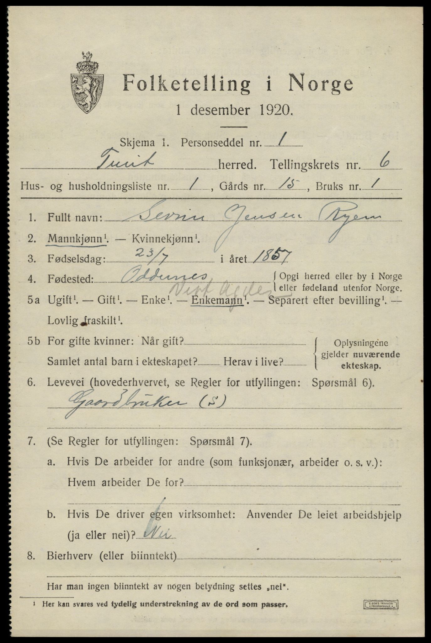 SAK, 1920 census for Tveit, 1920, p. 2758