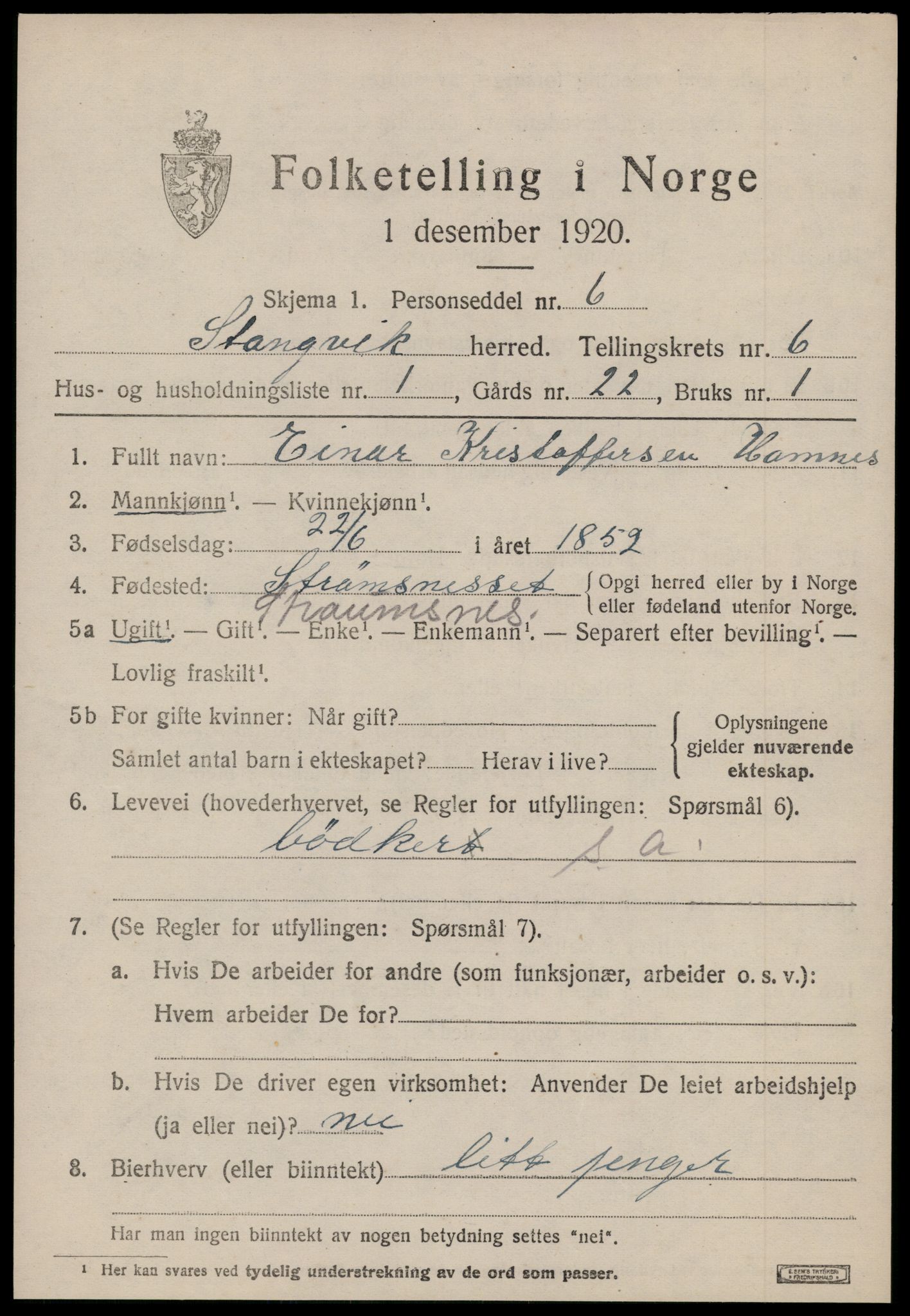 SAT, 1920 census for Stangvik, 1920, p. 3834