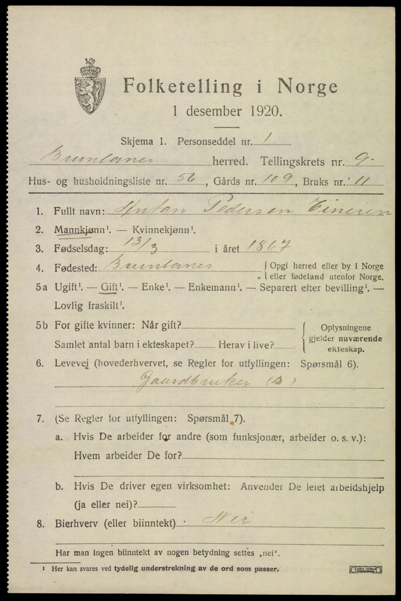 SAKO, 1920 census for Brunlanes, 1920, p. 8373