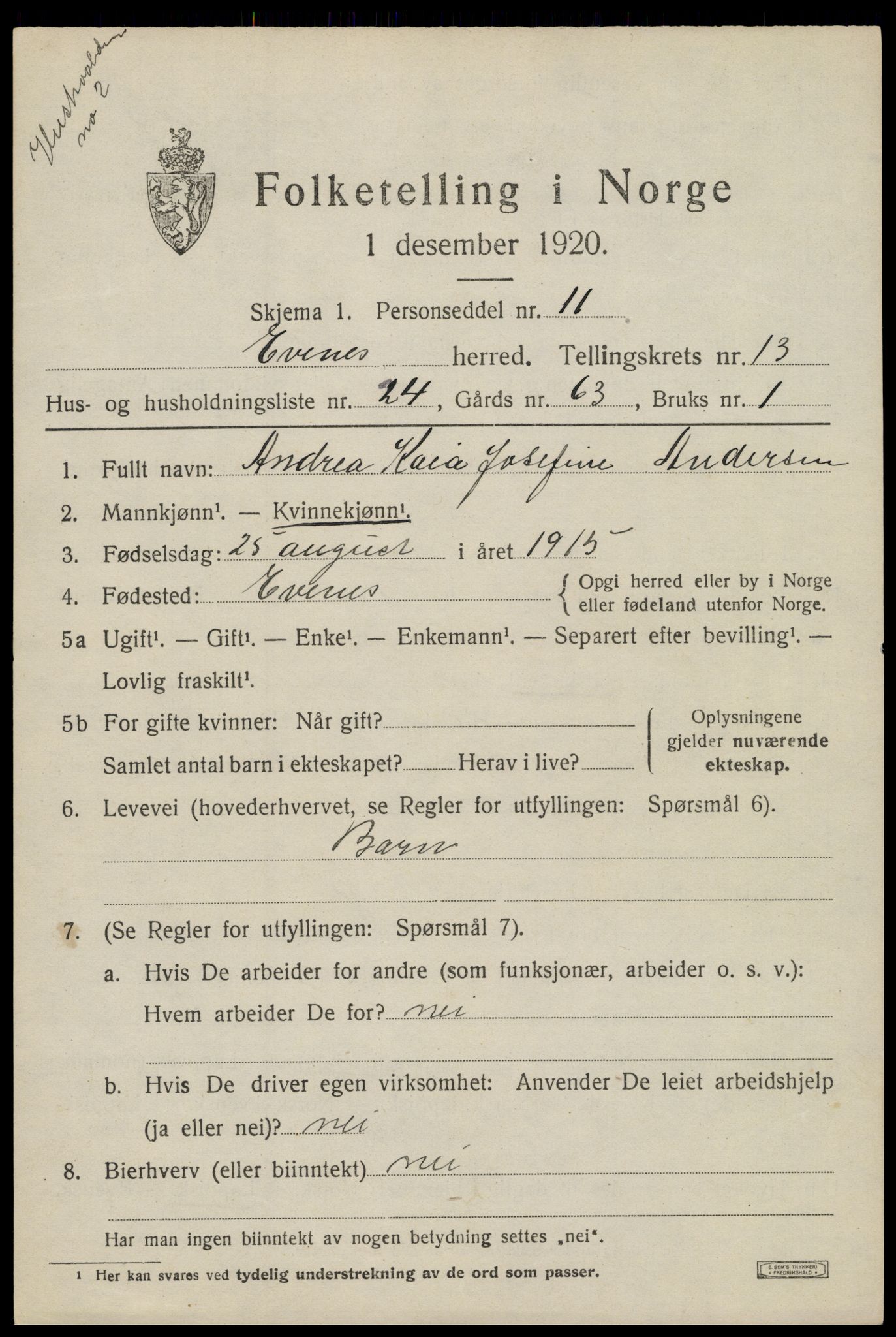 SAT, 1920 census for Evenes, 1920, p. 12196