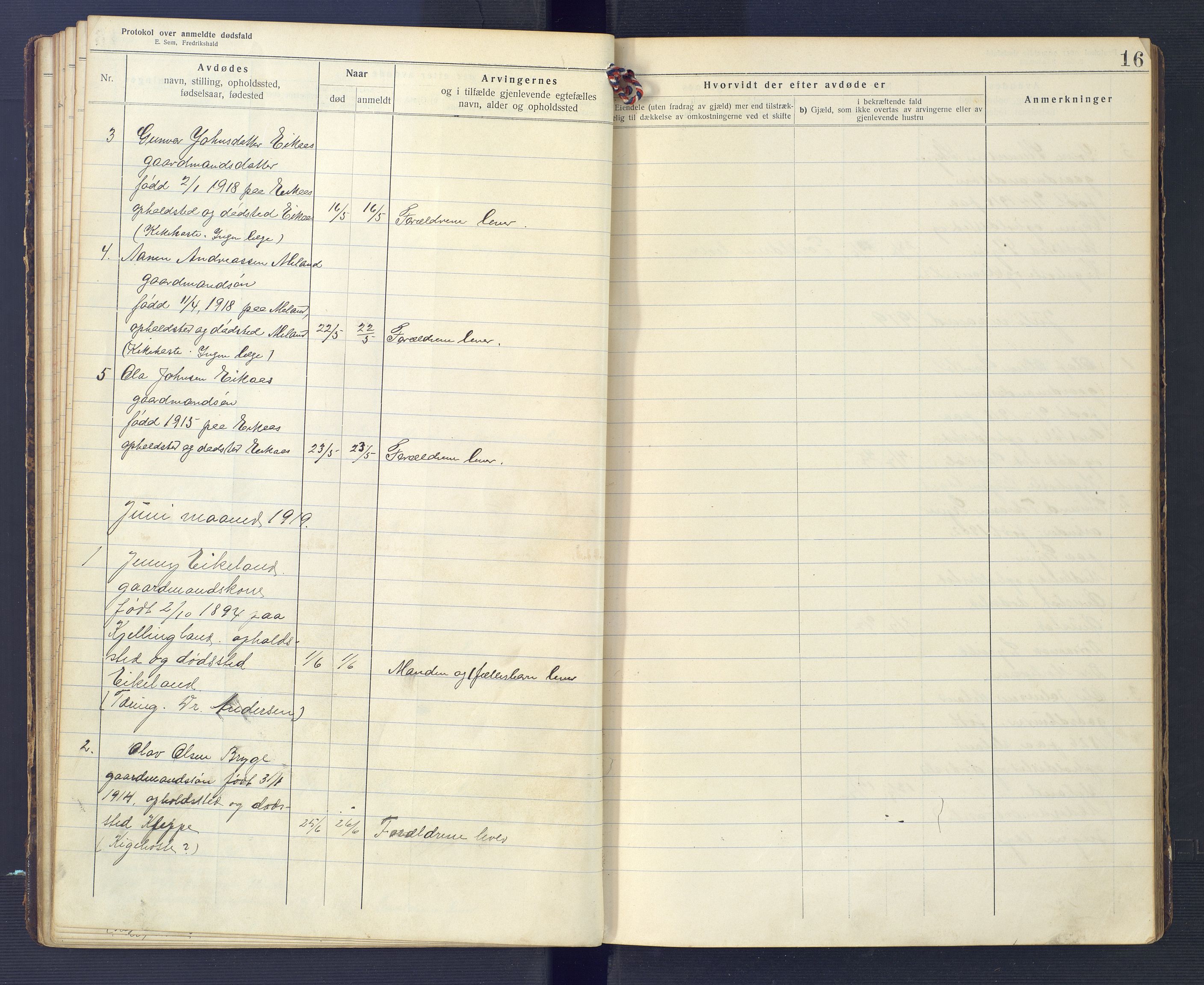 Hægebostad og Eiken lensmannskontor, AV/SAK-1241-0023/F/Fe/L0002: Dødsfallsprotokoll nr 34, 1917-1932, p. 16