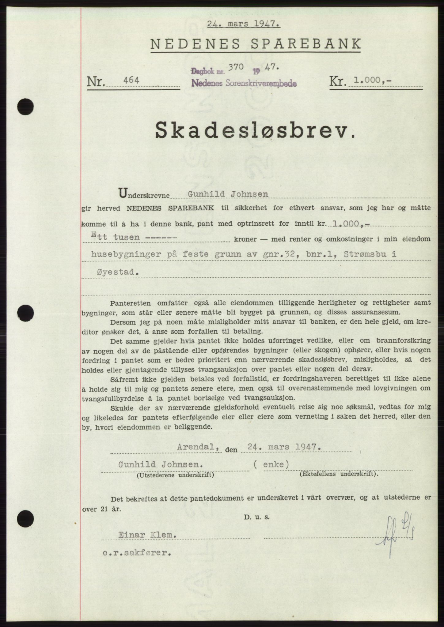 Nedenes sorenskriveri, AV/SAK-1221-0006/G/Gb/Gbb/L0004: Mortgage book no. B4, 1947-1947, Diary no: : 370/1947