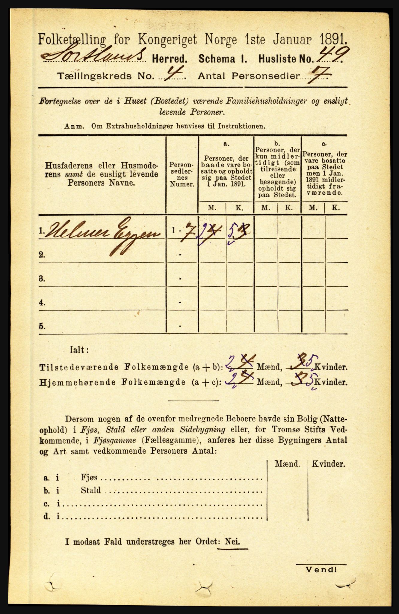 RA, 1891 census for 1870 Sortland, 1891, p. 2710