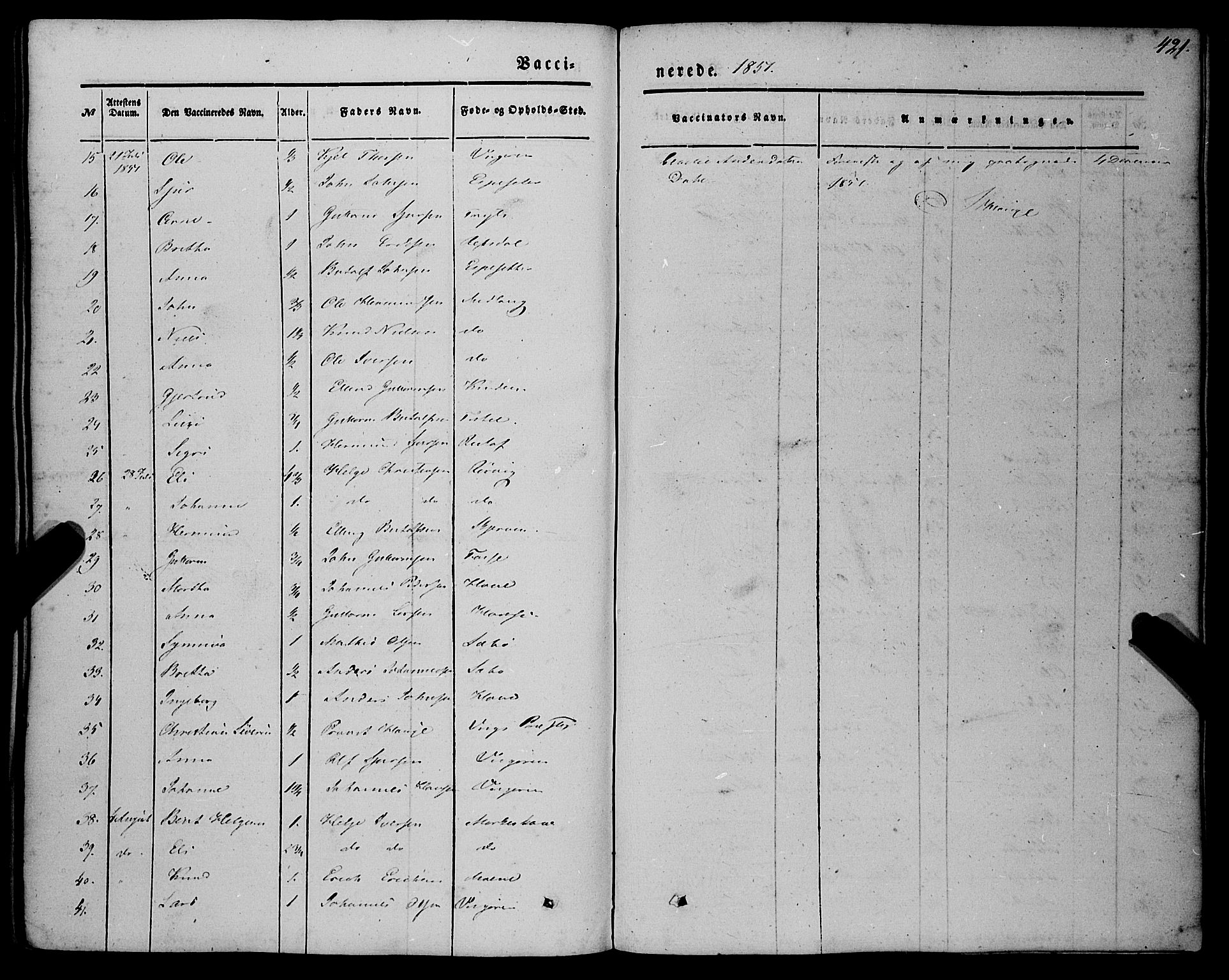 Vik sokneprestembete, SAB/A-81501: Parish register (official) no. A 8, 1846-1865, p. 421
