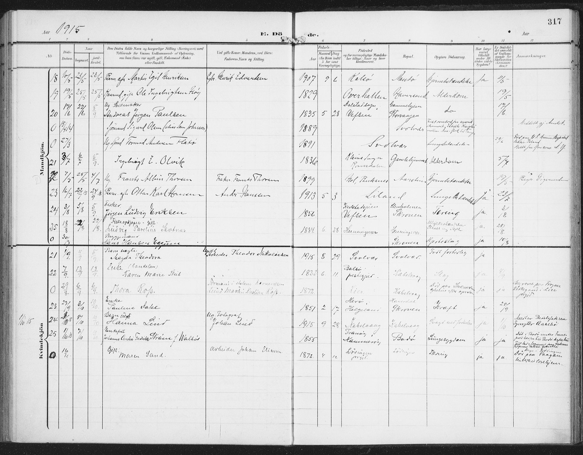 Ministerialprotokoller, klokkerbøker og fødselsregistre - Nordland, AV/SAT-A-1459/874/L1063: Parish register (official) no. 874A07, 1907-1915, p. 317