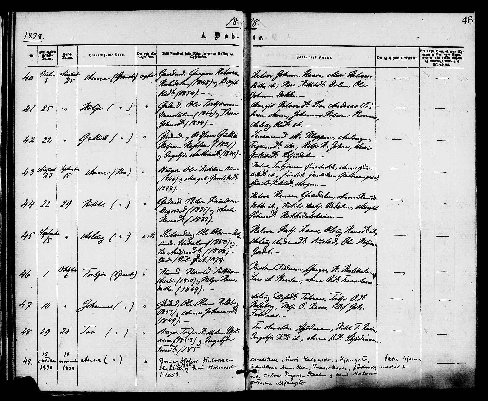 Gransherad kirkebøker, AV/SAKO-A-267/F/Fa/L0004: Parish register (official) no. I 4, 1871-1886, p. 46