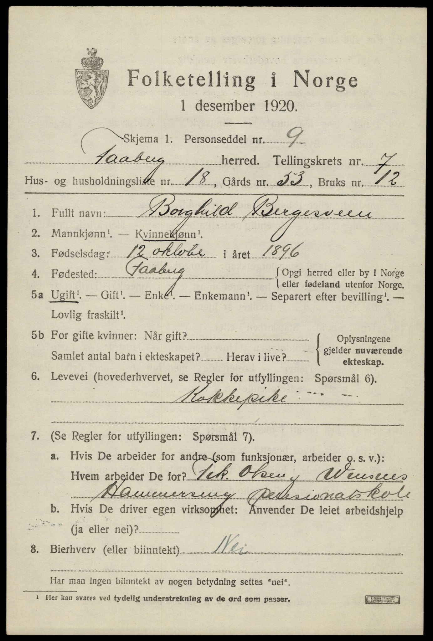 SAH, 1920 census for Fåberg, 1920, p. 8086