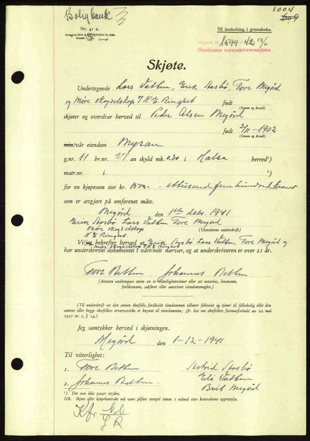 Nordmøre sorenskriveri, AV/SAT-A-4132/1/2/2Ca: Mortgage book no. A92, 1942-1942, Diary no: : 1599/1942