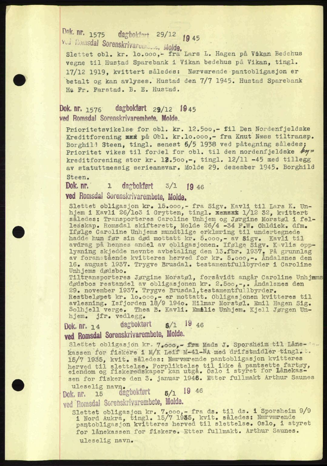 Romsdal sorenskriveri, AV/SAT-A-4149/1/2/2C: Mortgage book no. C1a, 1936-1945, Diary no: : 1575/1945