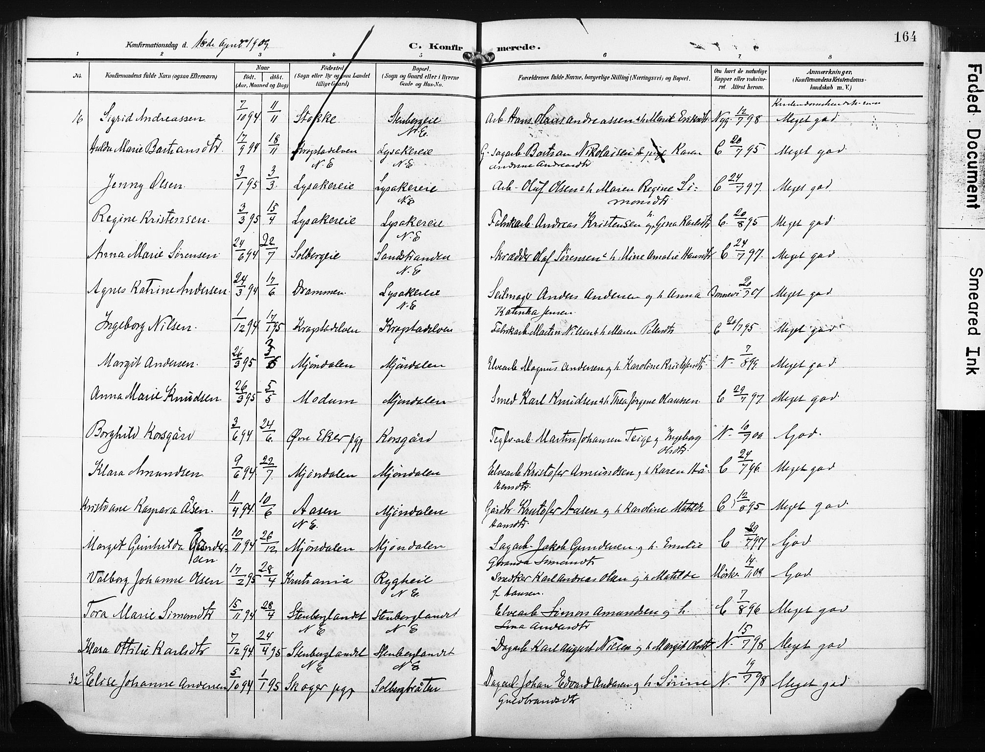 Nedre Eiker kirkebøker, SAKO/A-612/F/Fa/L0006: Parish register (official) no. 6, 1906-1912, p. 164