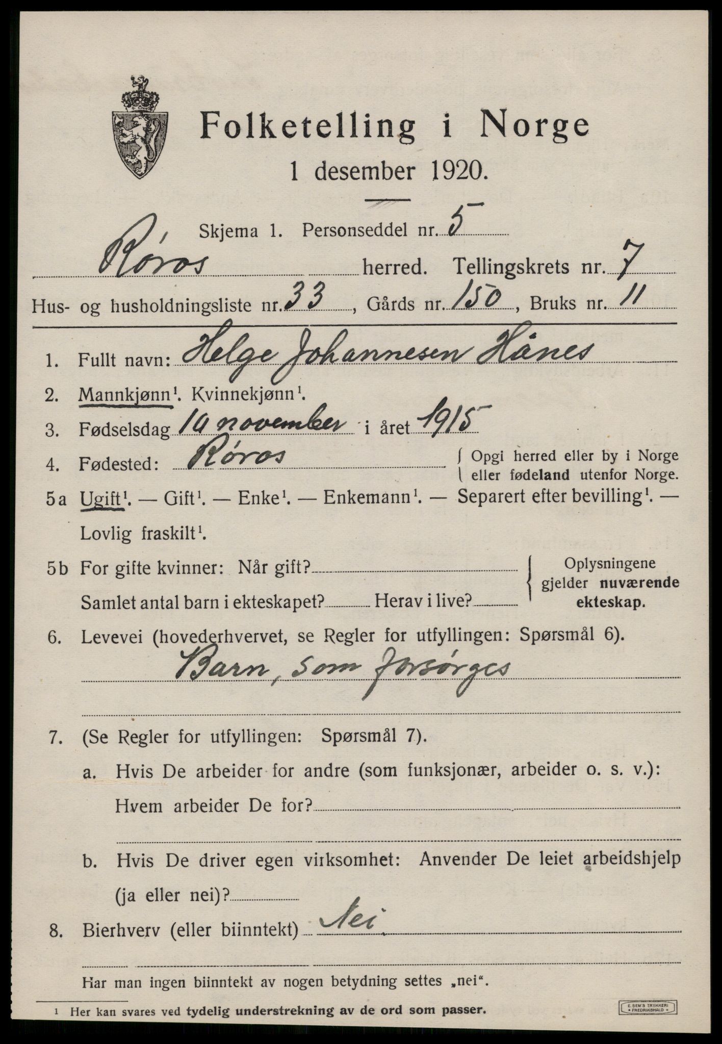 SAT, 1920 census for Røros, 1920, p. 7352