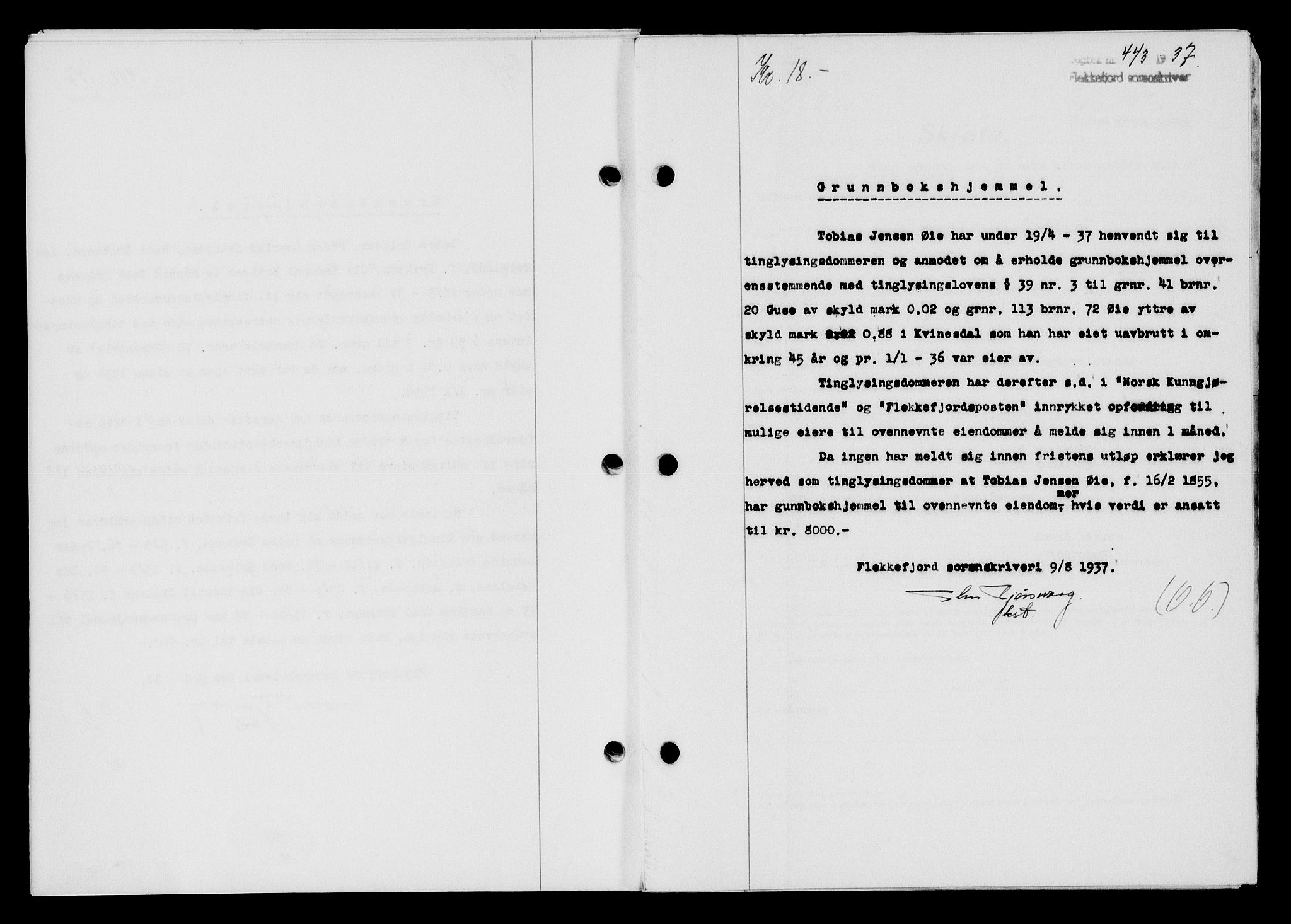 Flekkefjord sorenskriveri, SAK/1221-0001/G/Gb/Gba/L0053: Mortgage book no. A-1, 1936-1937, Diary no: : 443/1937