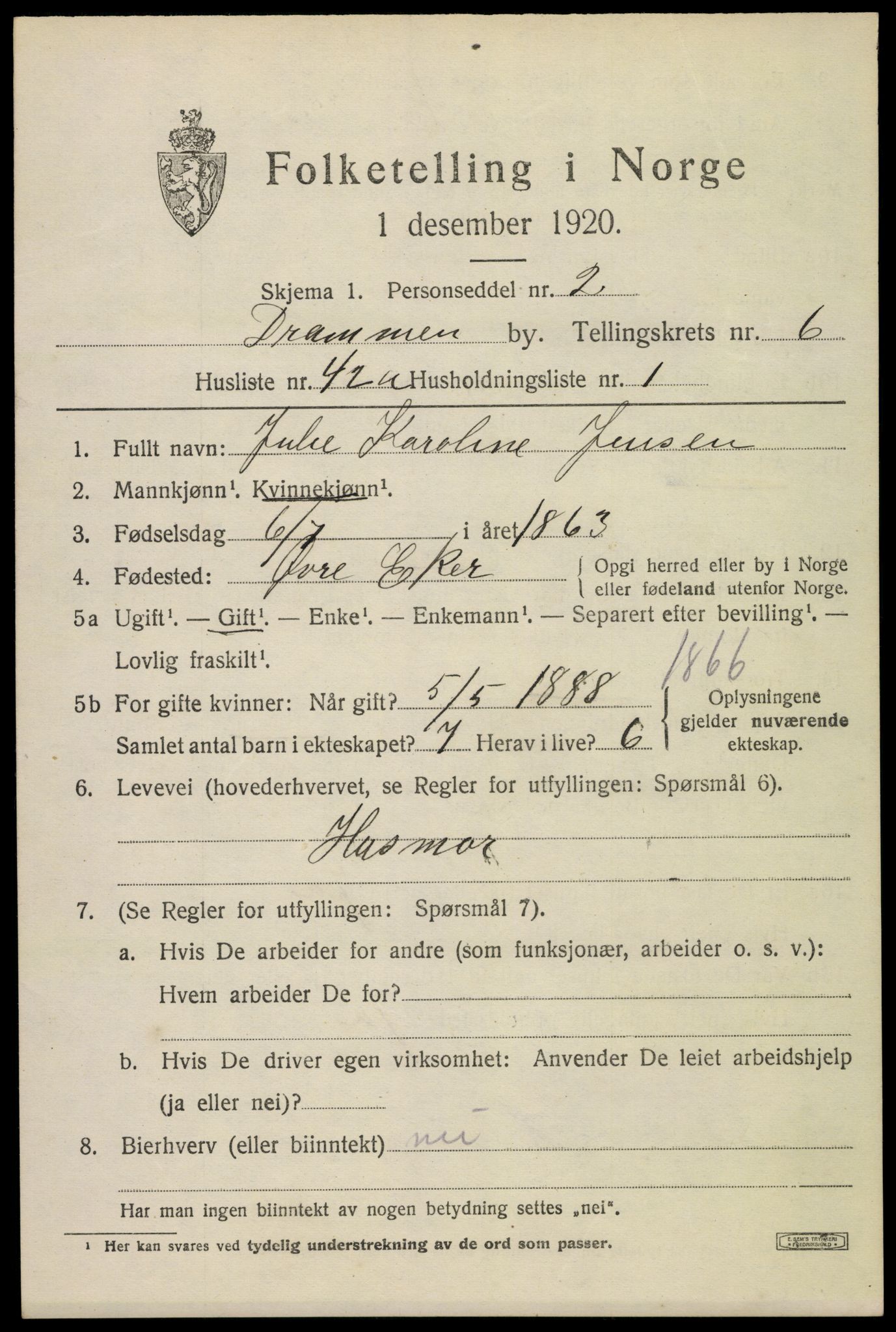 SAKO, 1920 census for Drammen, 1920, p. 41845