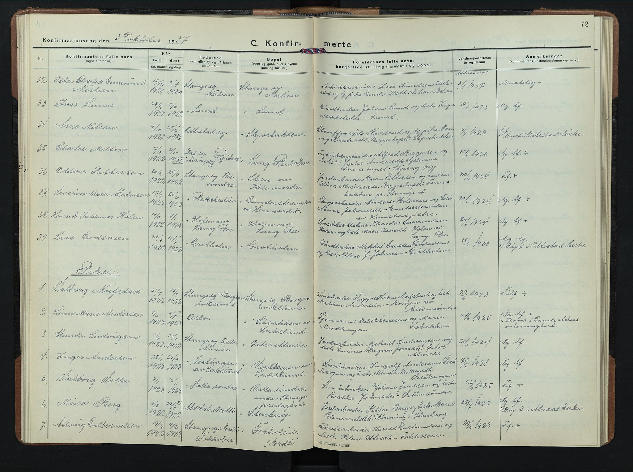 Stange prestekontor, AV/SAH-PREST-002/L/L0020: Parish register (copy) no. 20, 1936-1947, p. 72