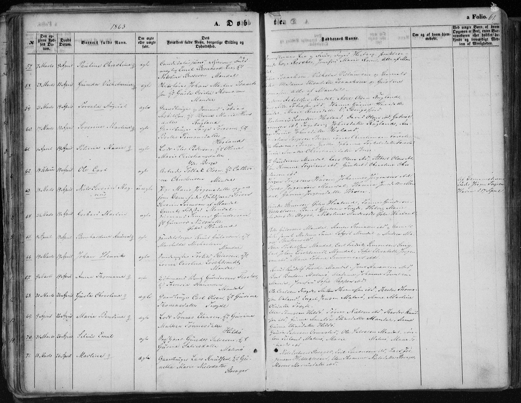 Mandal sokneprestkontor, SAK/1111-0030/F/Fa/Faa/L0014: Parish register (official) no. A 14, 1859-1872, p. 61